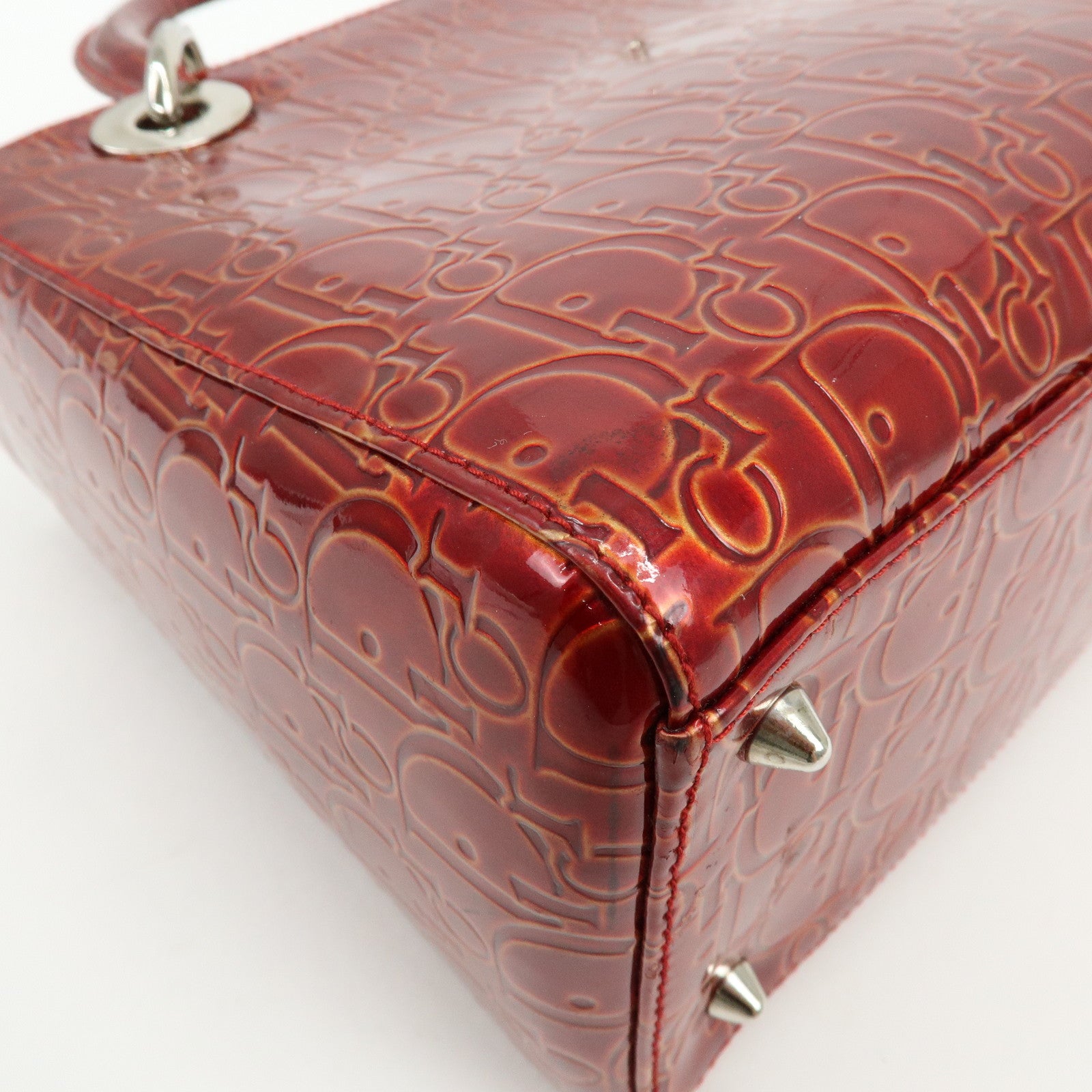 Christian Dior Lady Dior Patent Leather Hand Bag Dior Logo Red