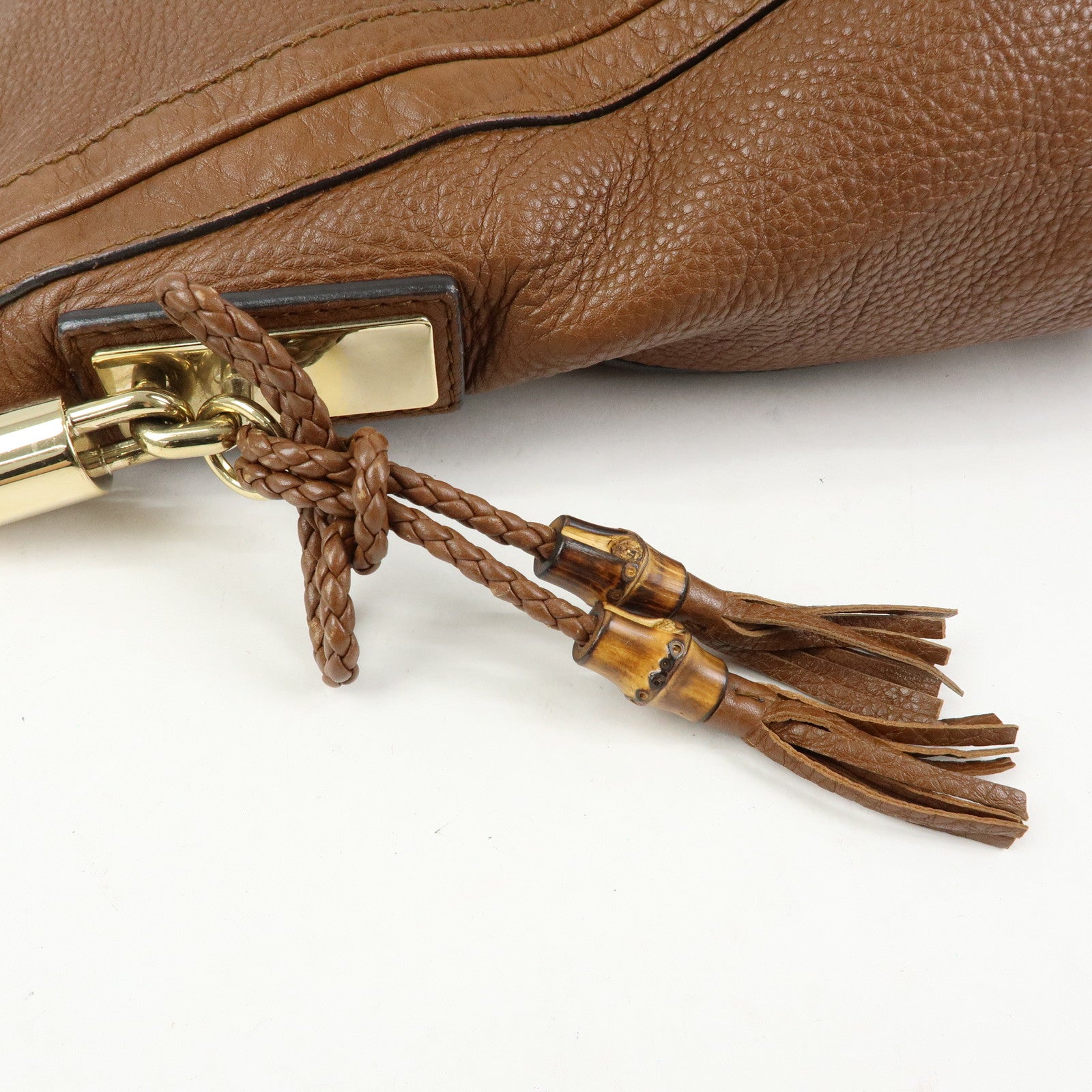 GUCCI Bamboo Leather Shoulder Bag Hand Bag Tassel Brown 269947