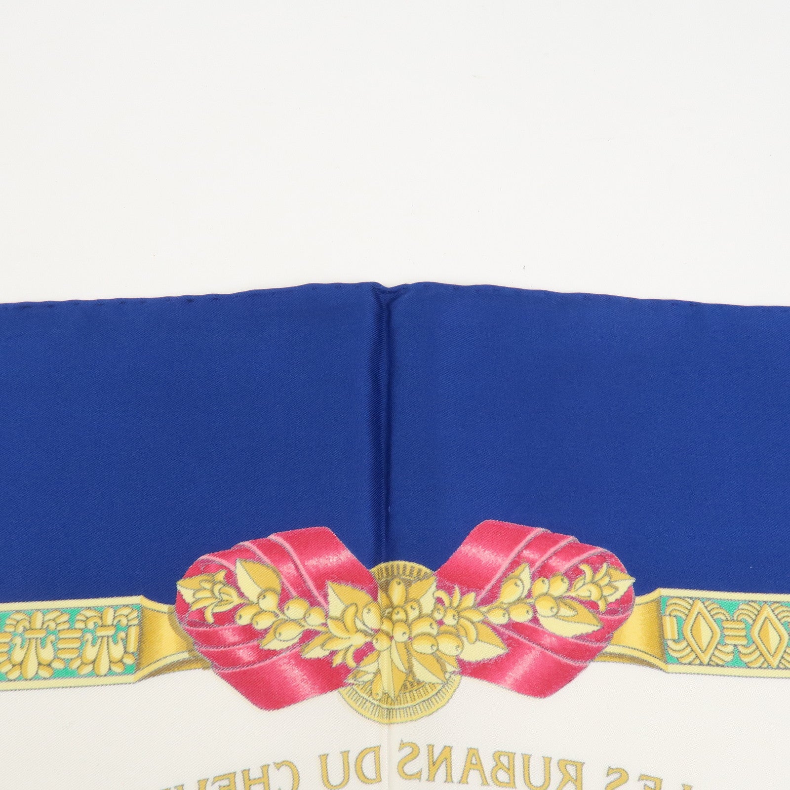 HERMES Carre 90 Silk 100% Scarf LES RUBANS DU CHEVAL Blue White