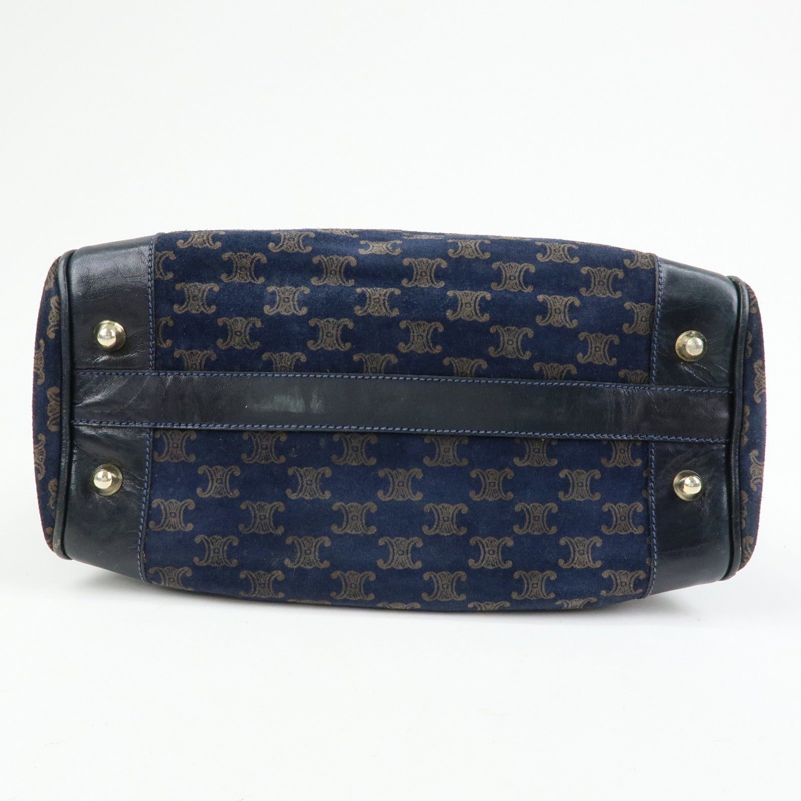 CELINE Macadam Leather Suede Hand Bag Boston Bag Navy