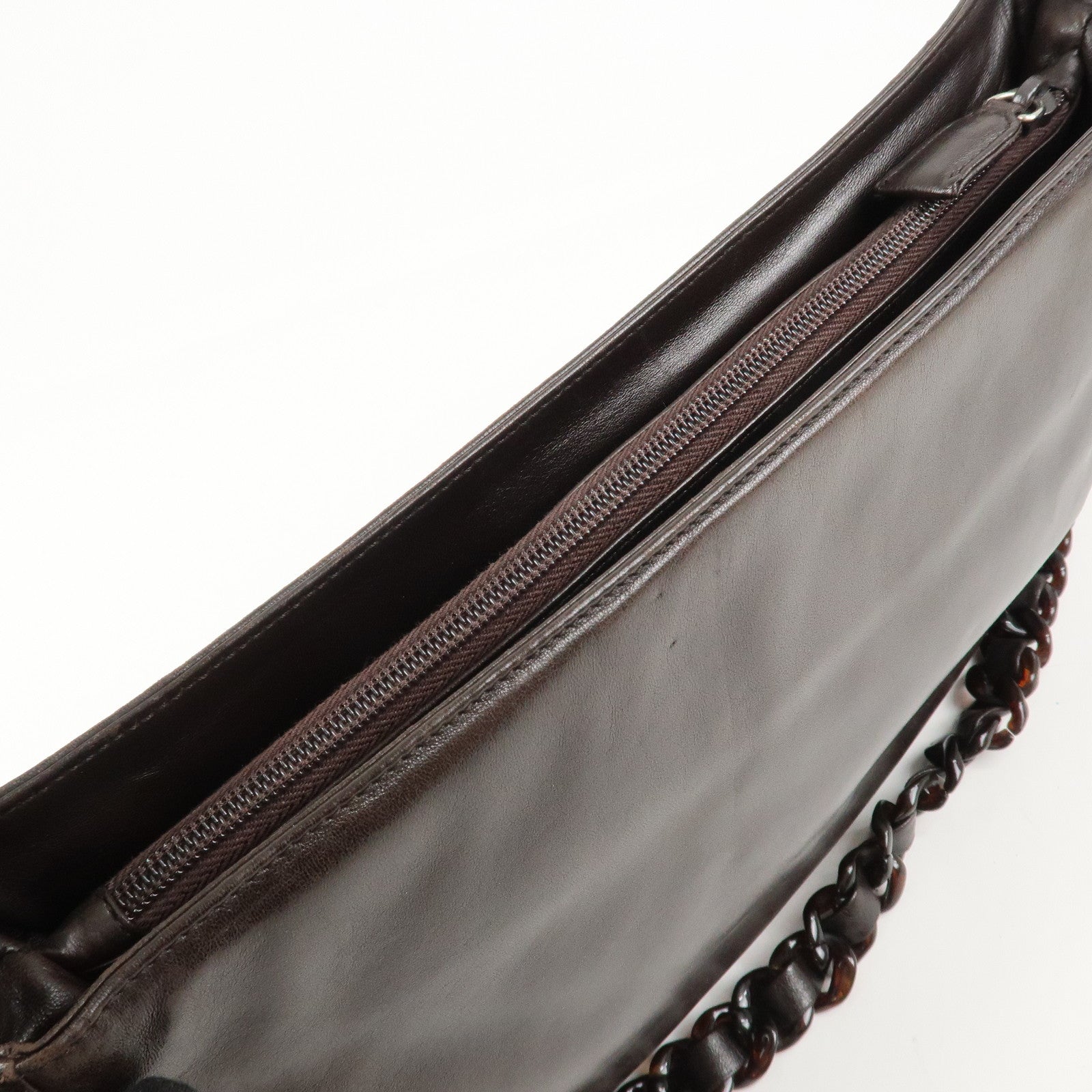 PRADA Logo Suede Leather Plastic Chain Shoulder Bag Brown