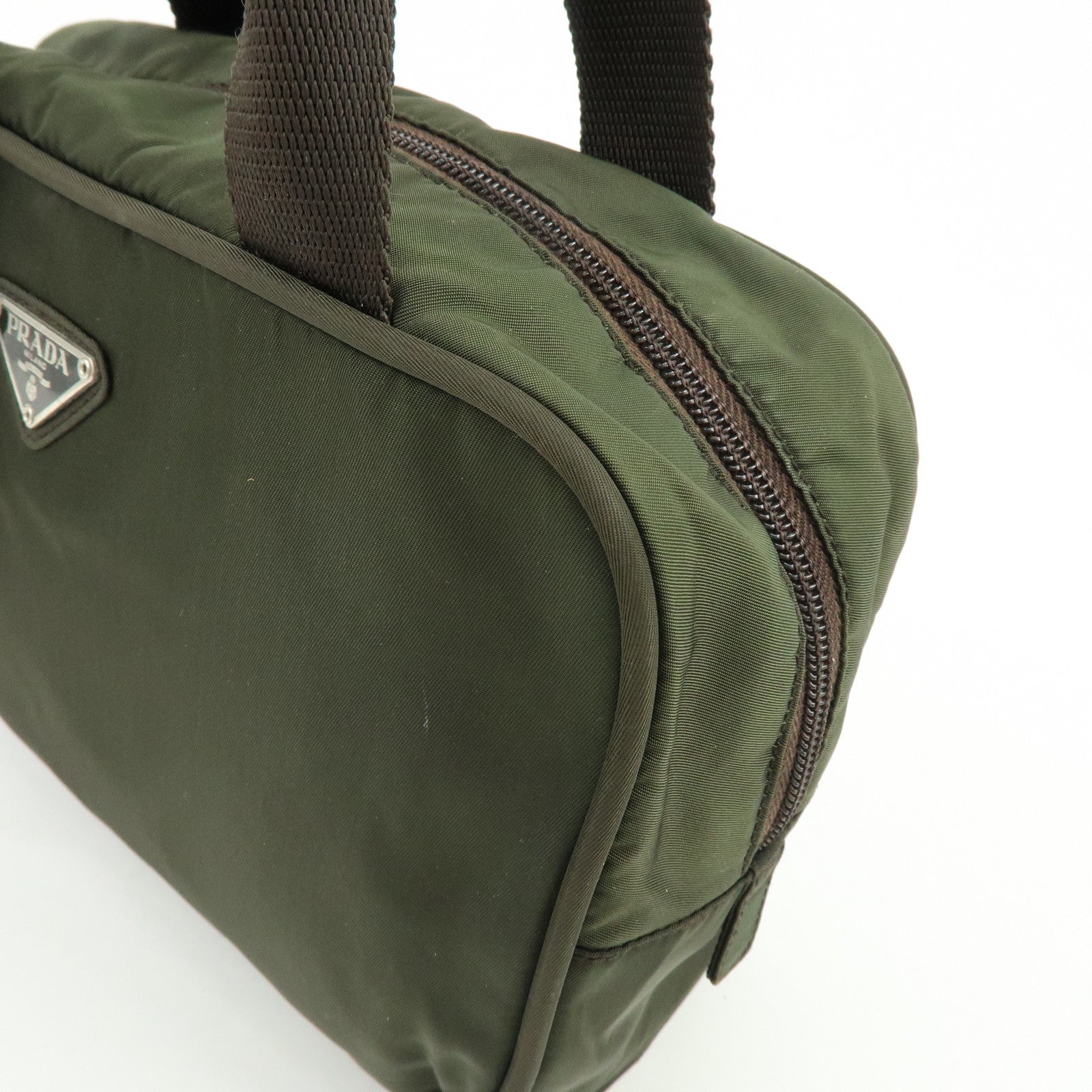 PRADA Triangle Logo Nylon Leather Hand Bag Tote Boston Bag Khaki