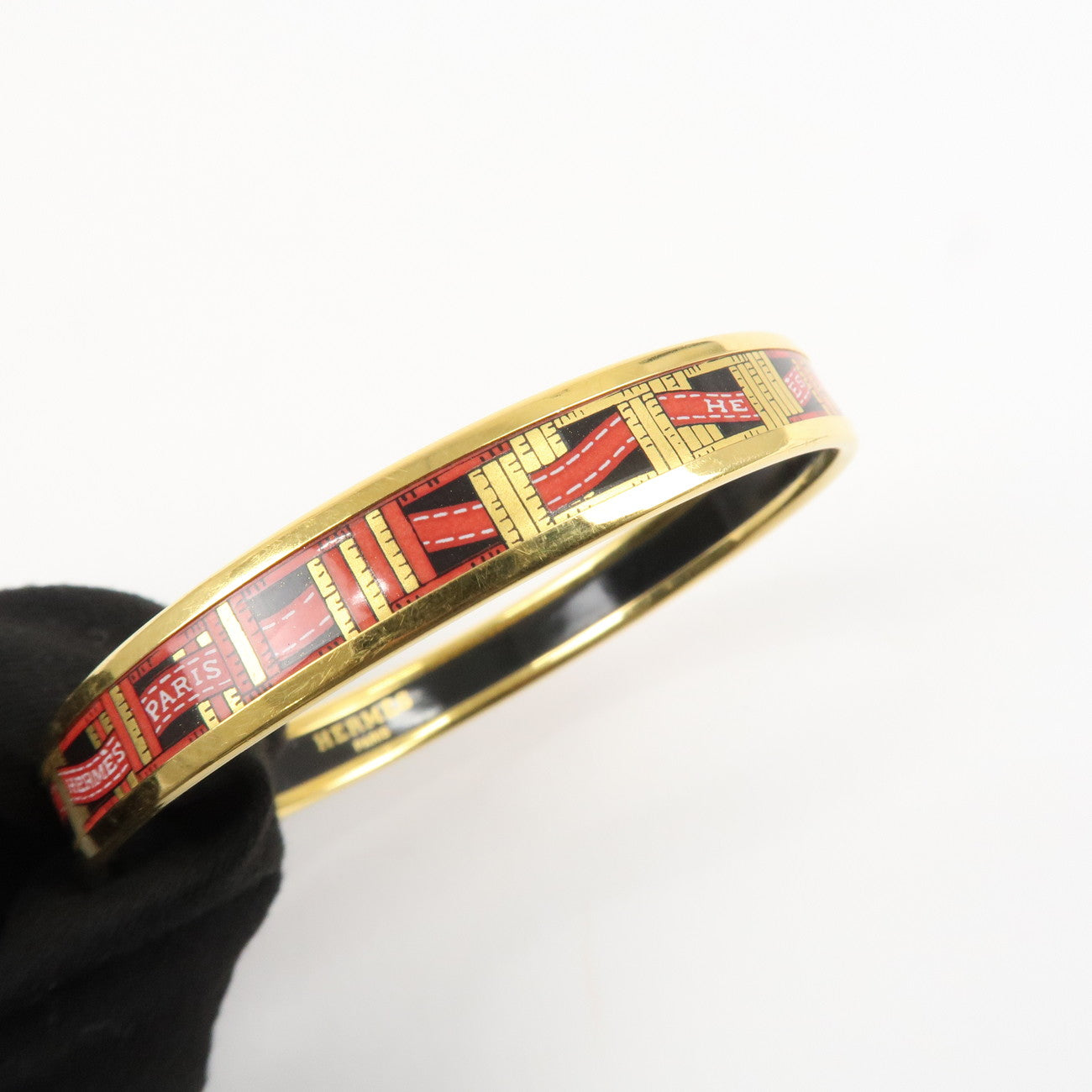 HERMES Plating Email PM Bangle Bracelet Black Gold Red Used