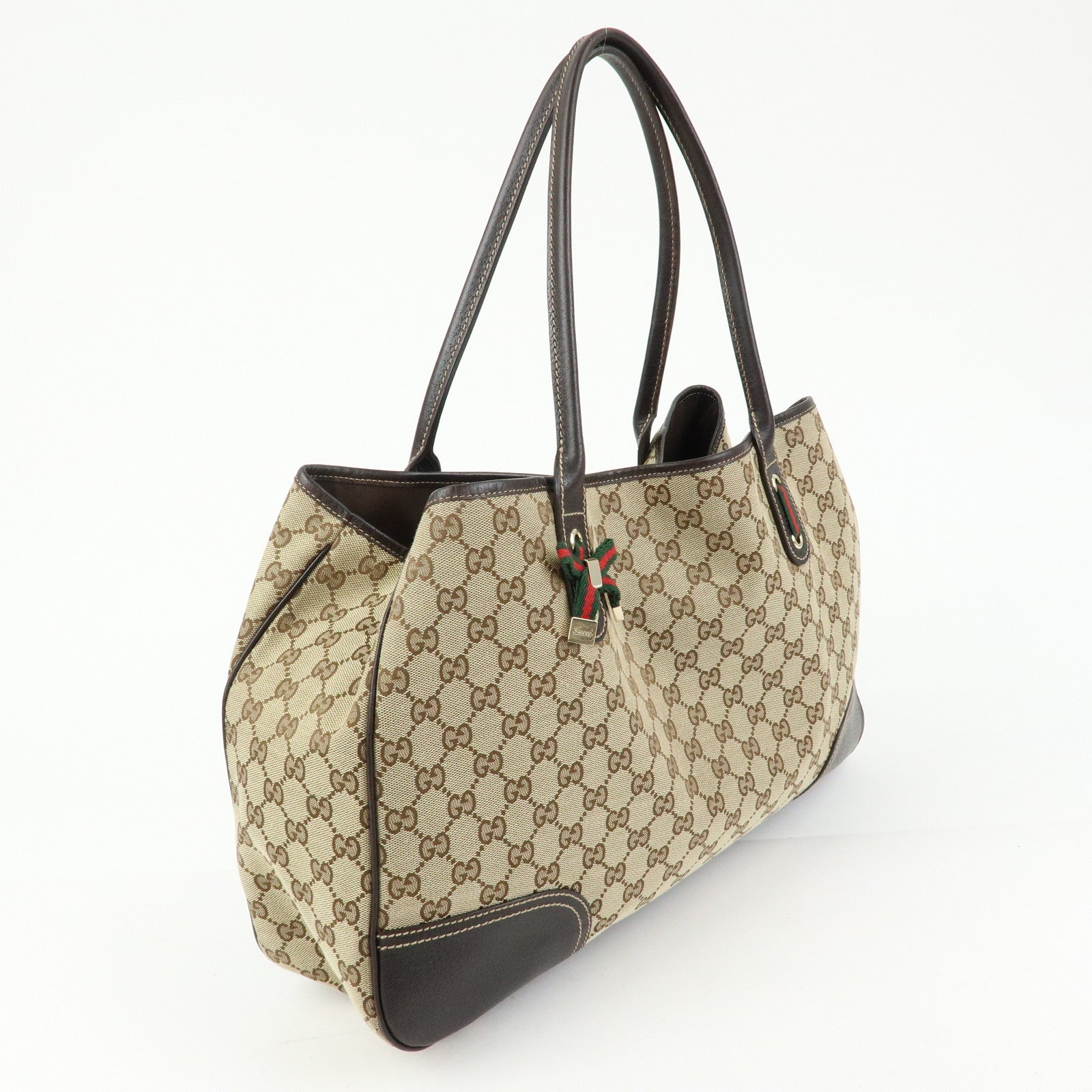 GUCCI Princy GG Canvas Leather Tote Bag Beige Dark Brown 161719