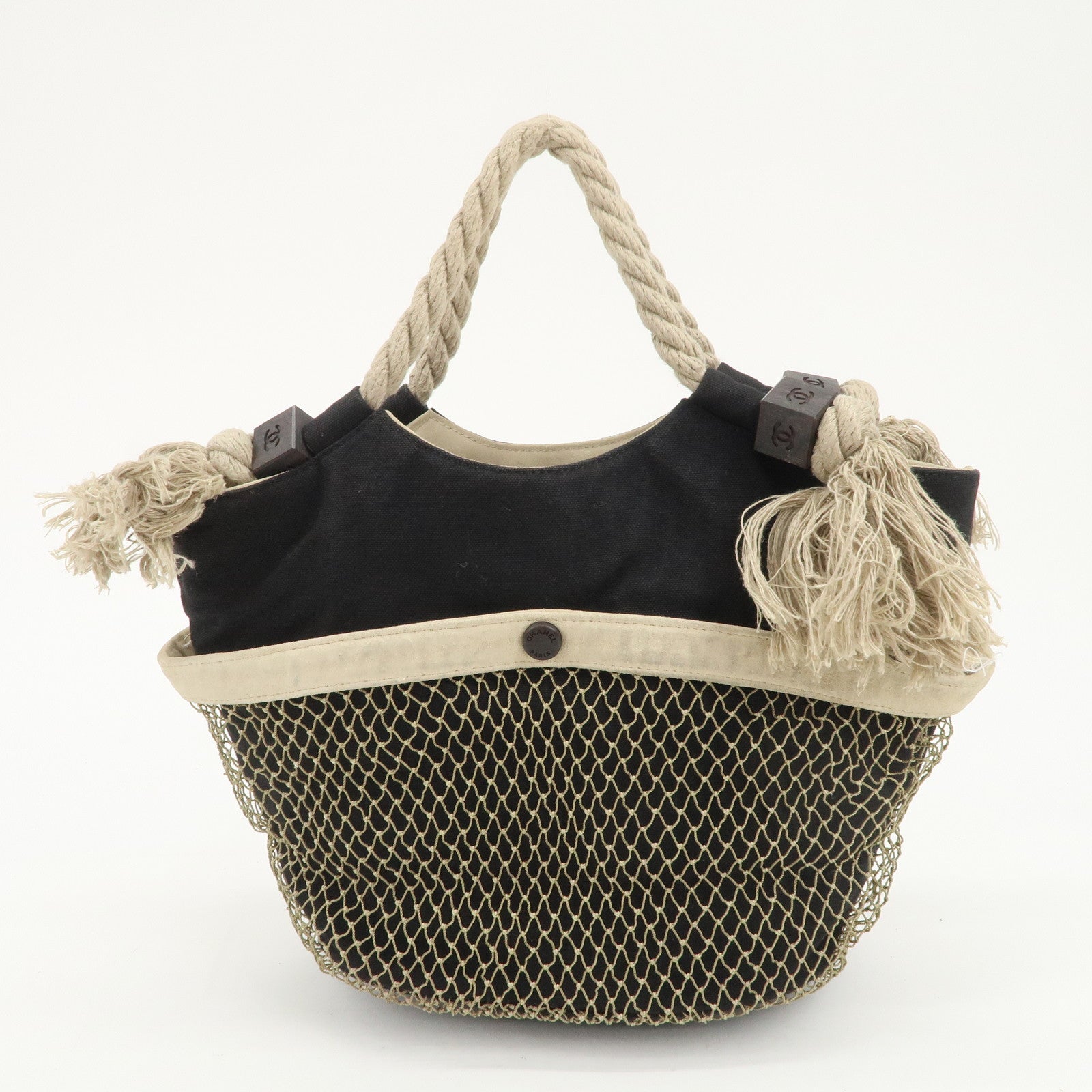 CHANEL COCO Mark Canvas Patent Leather Hand Bag Black Yellow