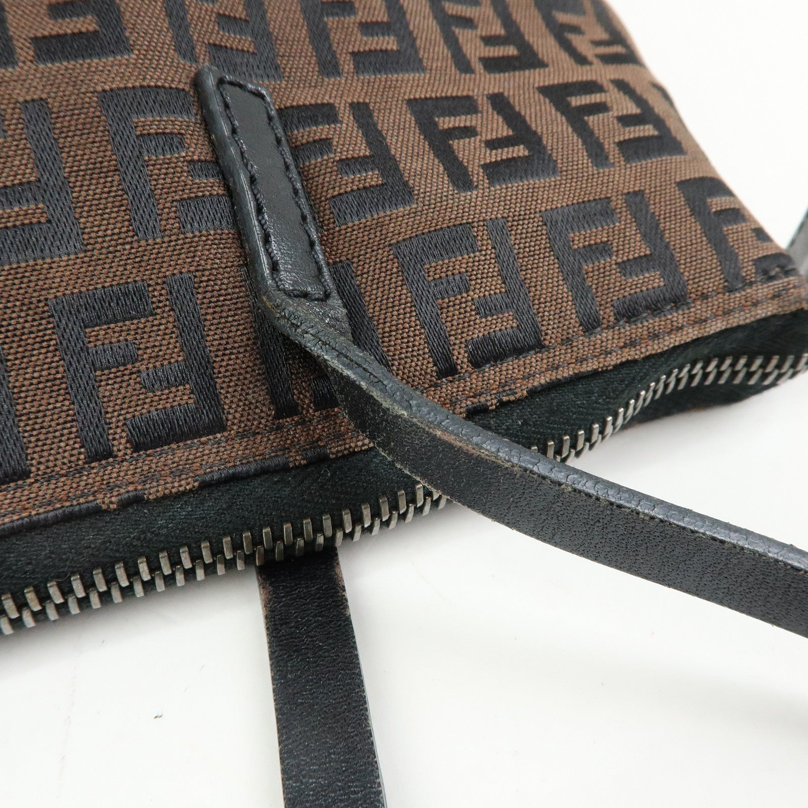 FENDI Zucchino Canvas Leather Tote Bag Hand Bag Brown Black 8BH024