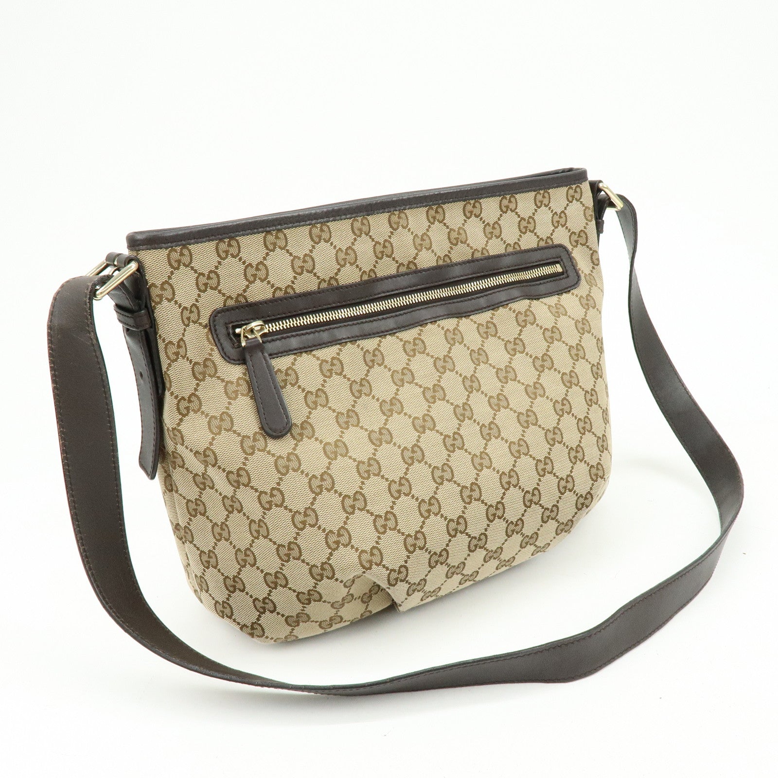 GUCCI GG Canvas Leather Shoulder Bag Beige Dark Brown 388930