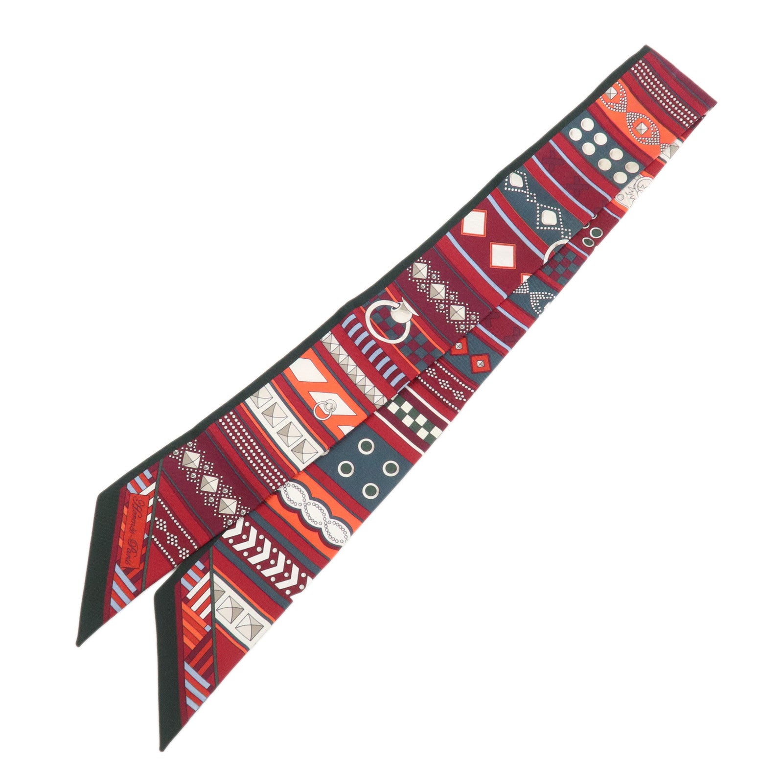 HERMES Twilly Silk 100% Scarf COLLIERS DE CHIENS REMIX Green Red