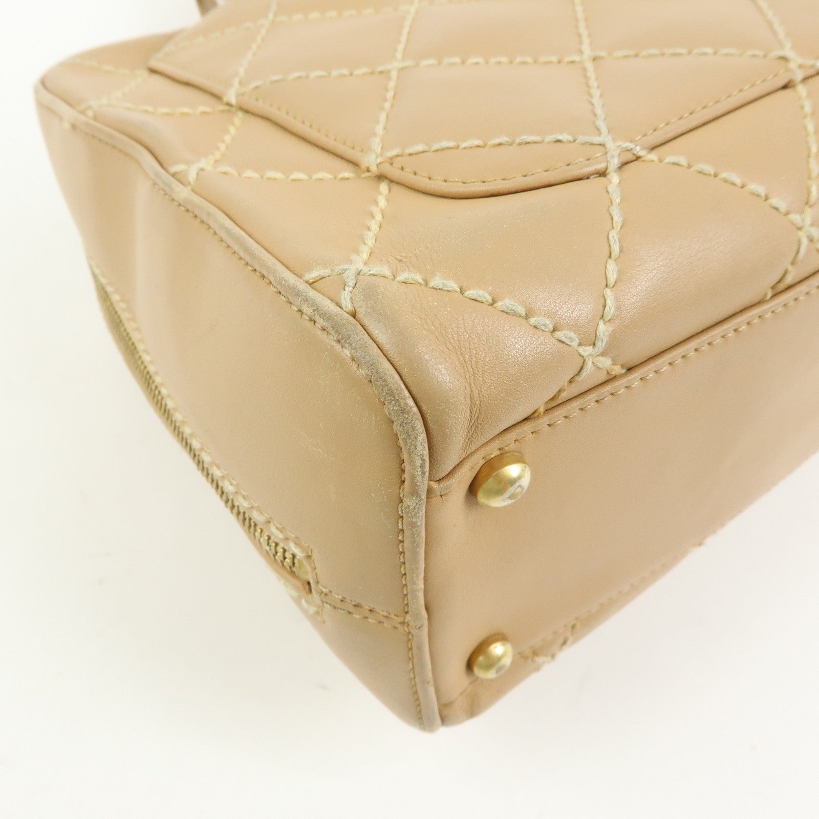 CHANEL Wild Stitch Calf Leather Boston Bag Hand Bag Beige