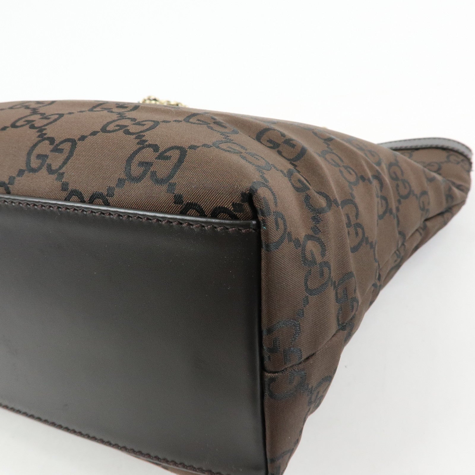 GUCCI GG Nylon Leather Chain Tote Bag Shoulder Bag Brown 196750