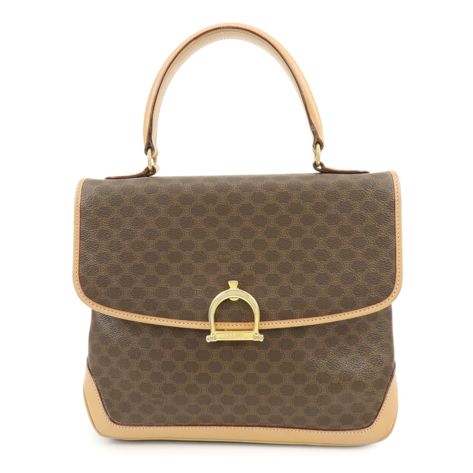 CELINE Macadam PVC Leather Hand Bag Brown Beige