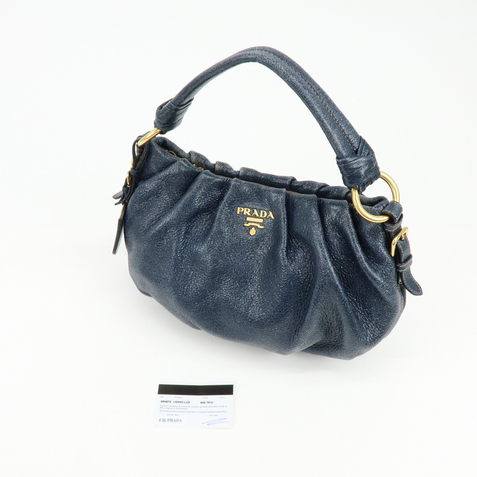 PRADA Logo Shiny Coated Leather Shoulder Bag Hand Bag Navy BR4070