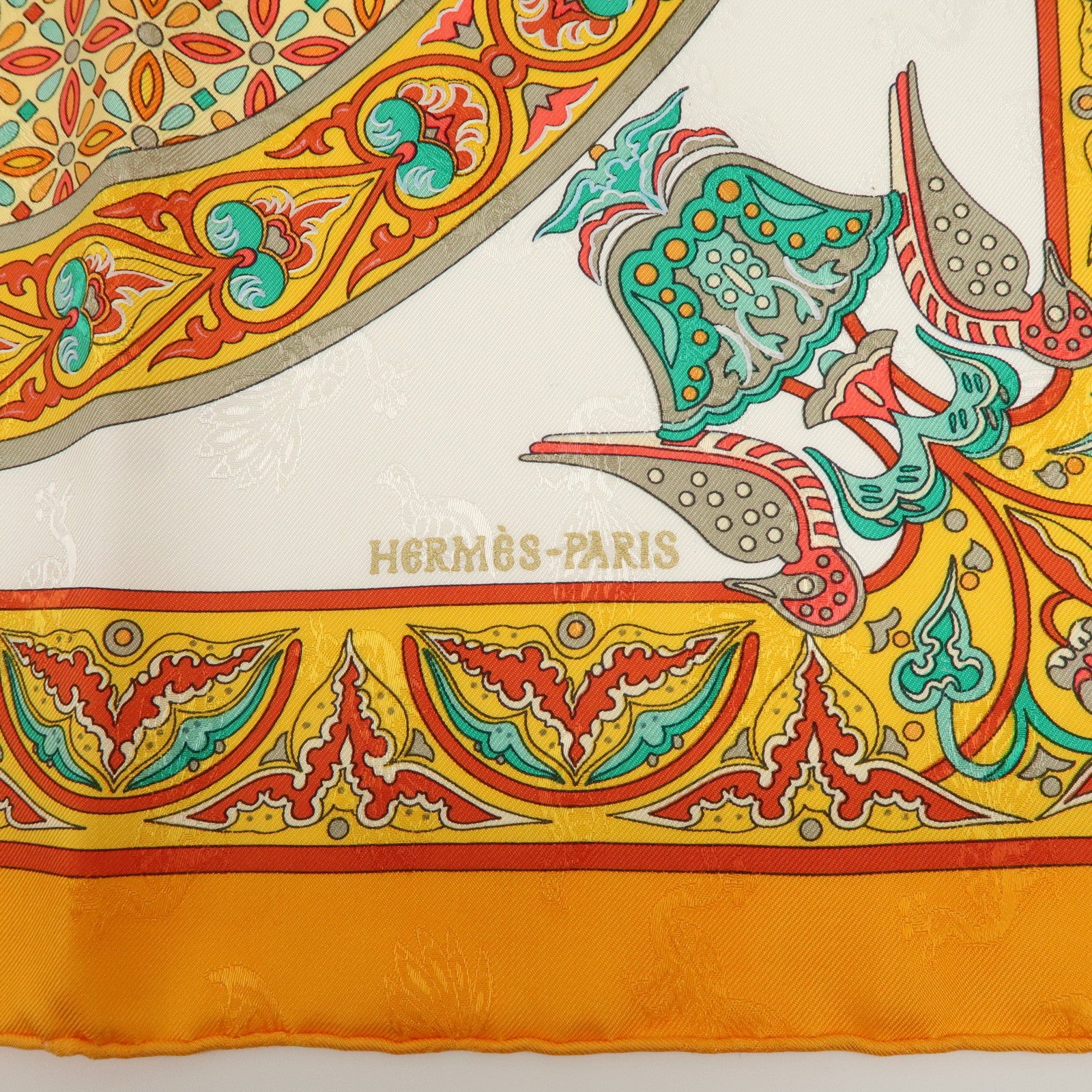 HERMES Carre 90 Silk 100% Scarf CIELS BYZANTINS Orange White