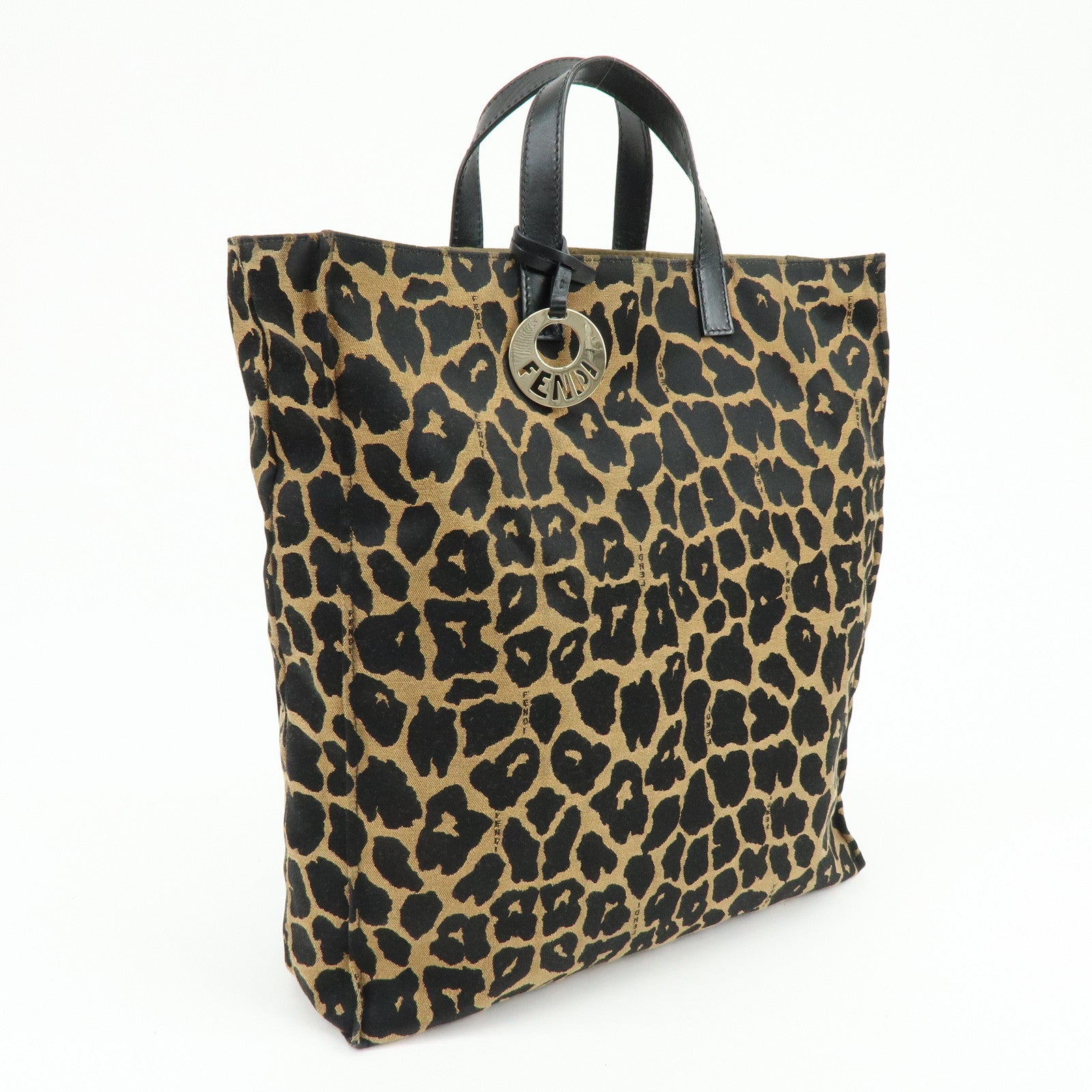 FENDI Canvas Leather Tote Bag Hand Bag Leopard Brown Black 8BH173