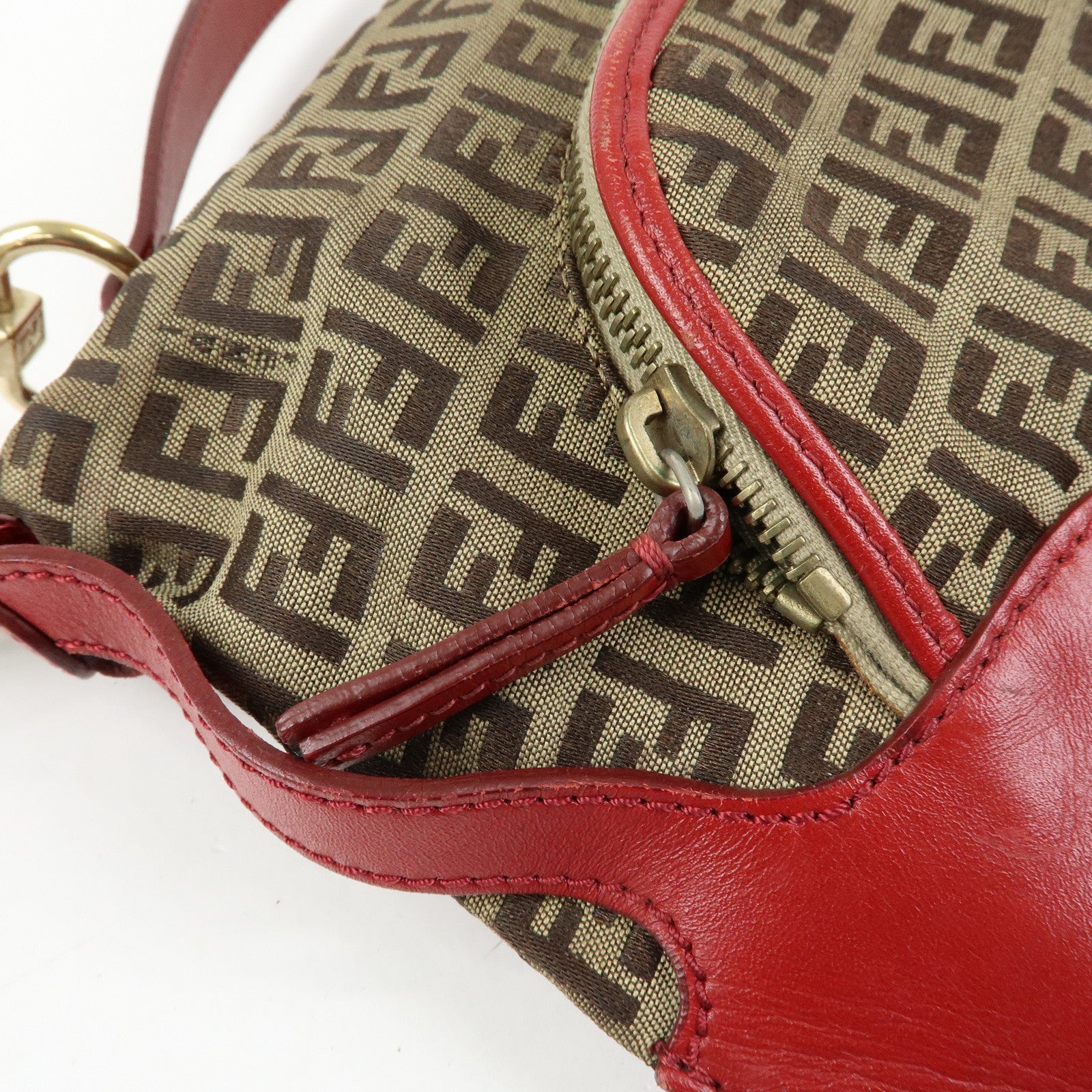 FENDI Zucca Canvas Leather Hand Bag Shoulder Bag Beige Red 8BR464