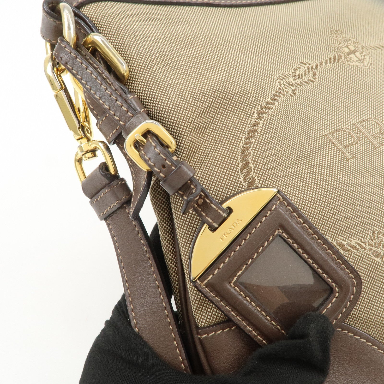PRADA Logo Jacquard Leather Shoulder Bag Beige Brown BT867A