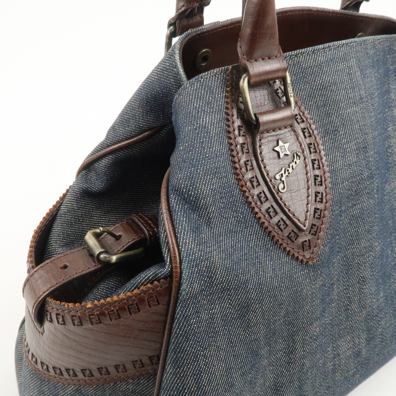 FENDI Etonico Denim Leather Tote Bag Shoulder Bag Brown 8BN162