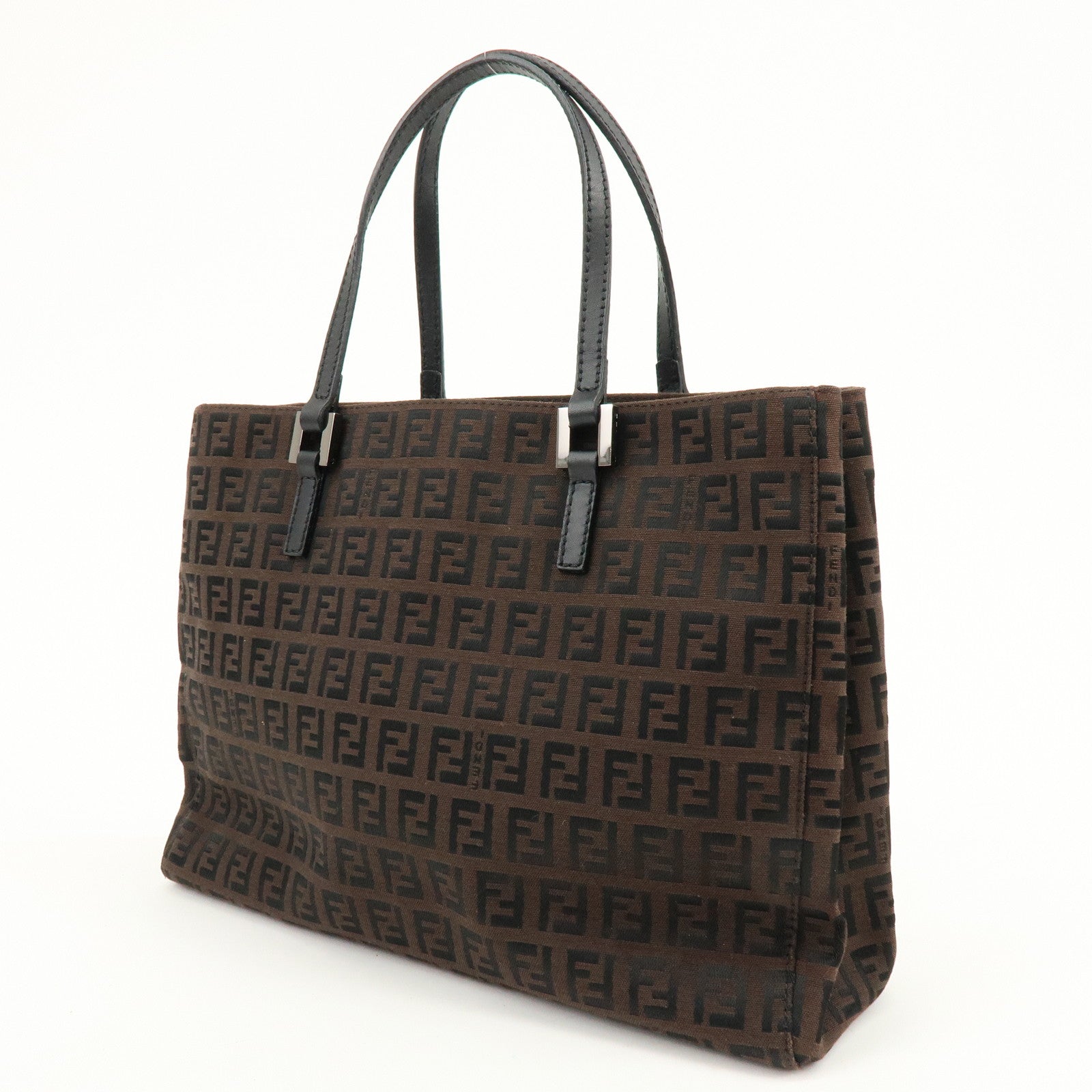 FENDI Zucchino Canvas Leather Tote Bag Shoulder Bag Brown Black