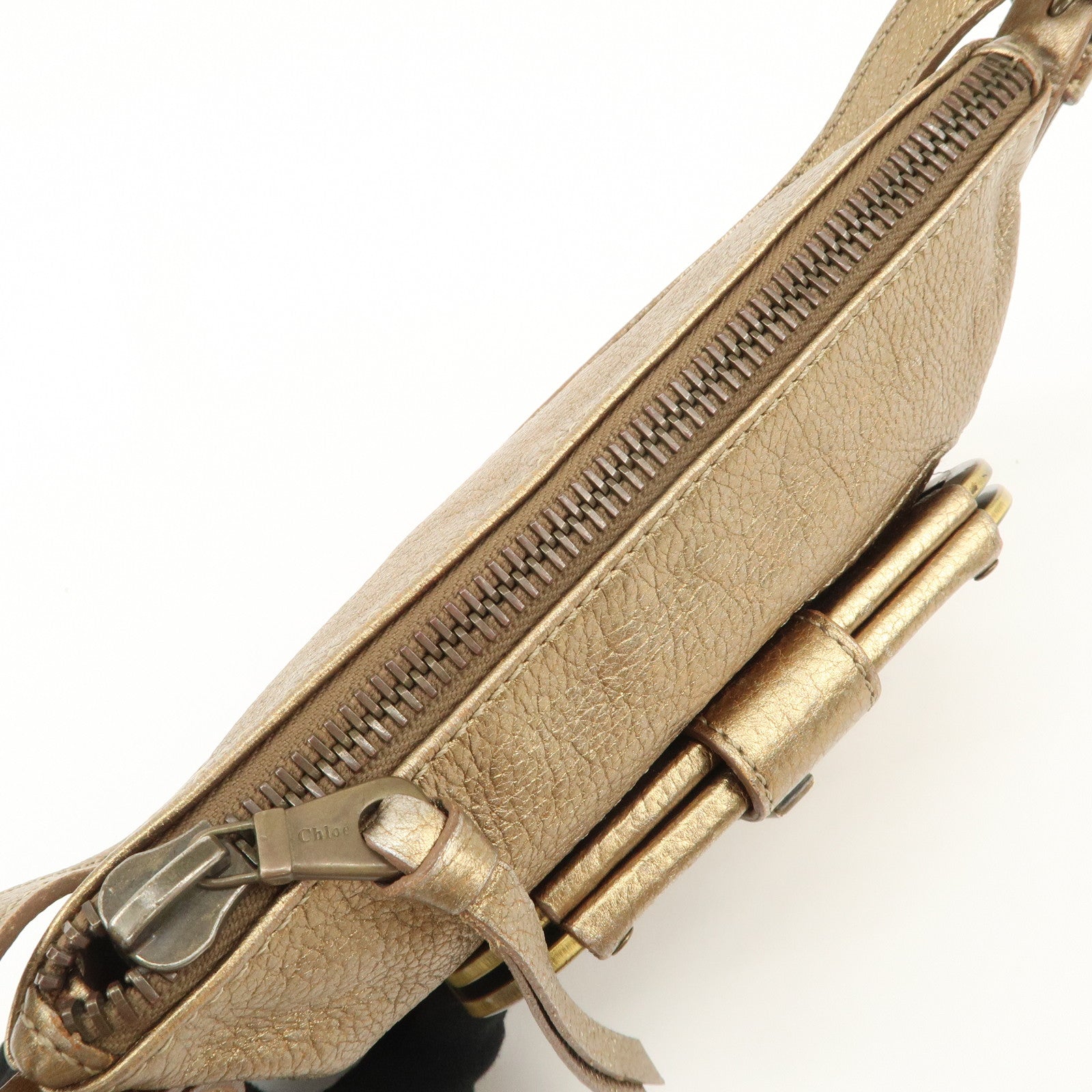 Chloe Logo Leather Shoulder Bag Hand Bag Gold Used