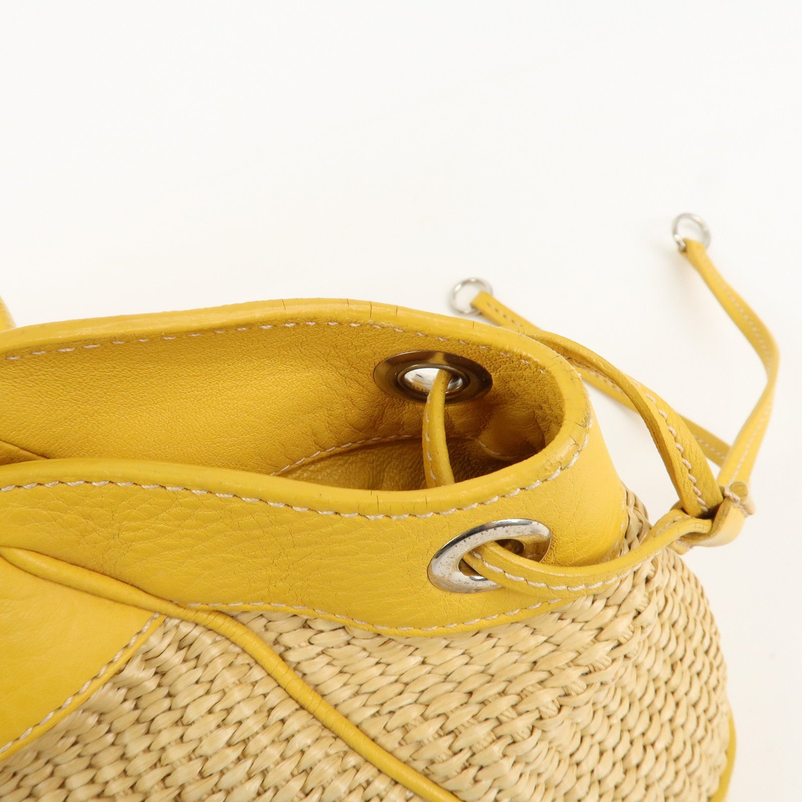 PRADA Triangle Logo Leather Raffia Tote Bag Beige Yellow Used