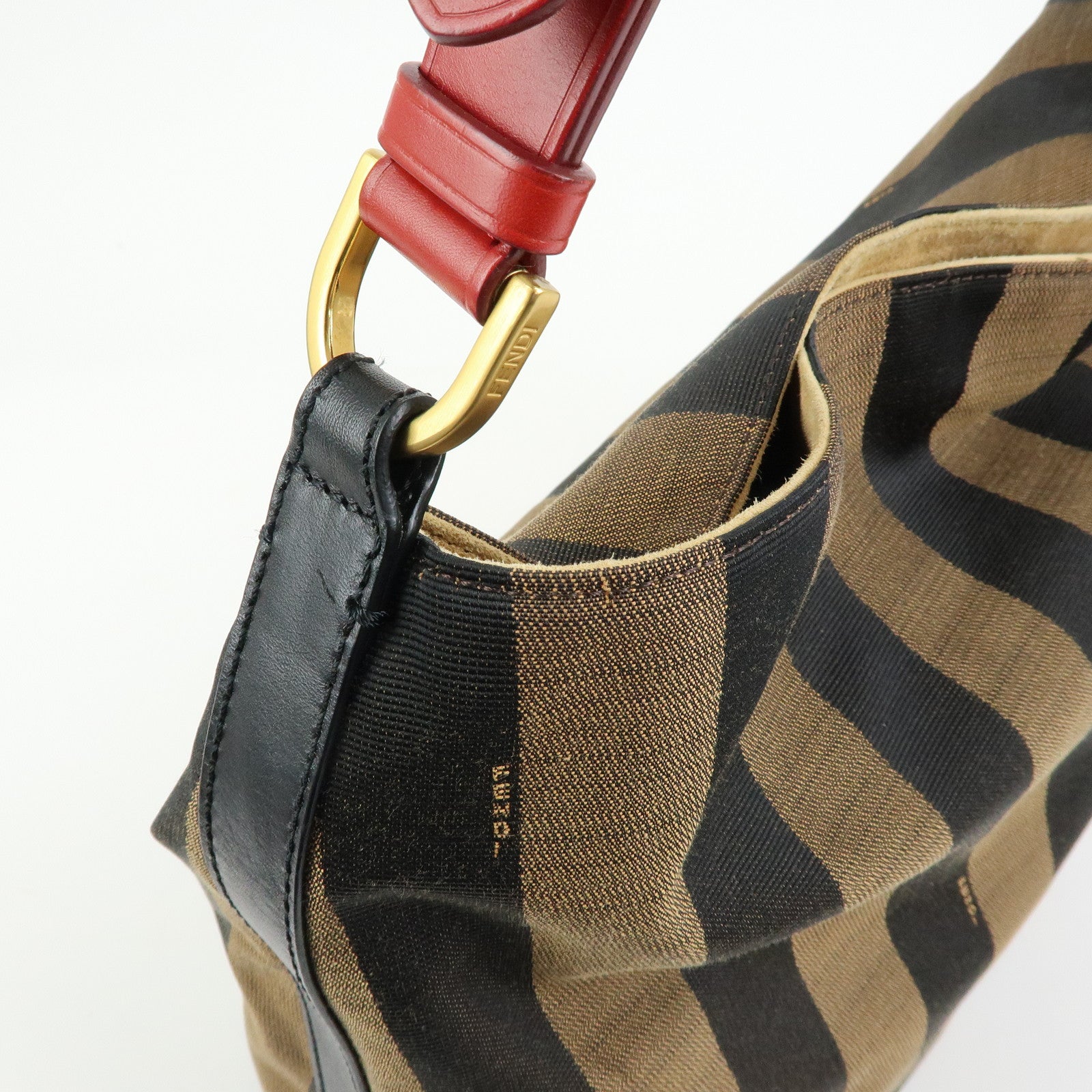 FENDI Pequin Canvas Leather Shoulder Bag Brown Red 8BR653