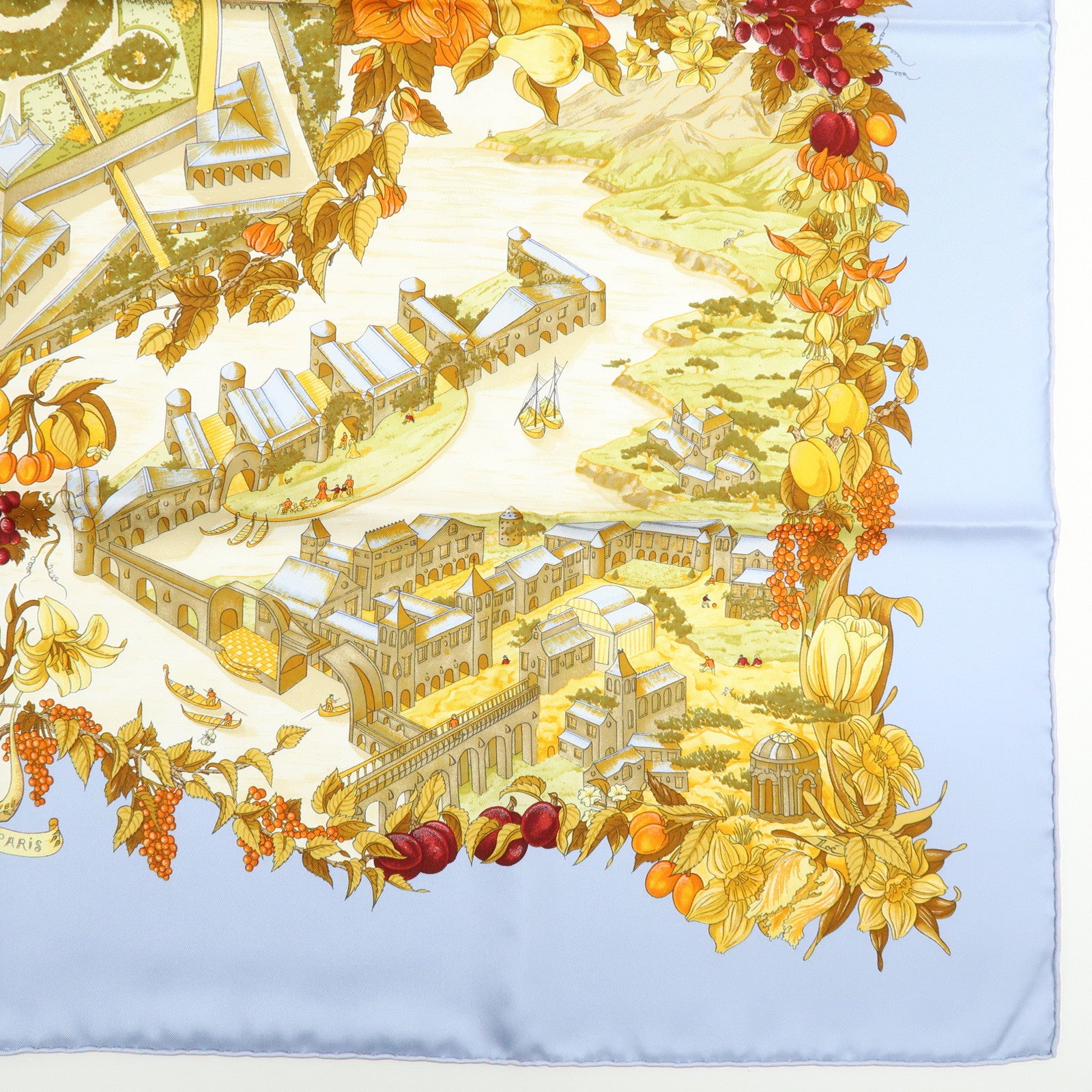 HERMES Carre 90 Silk 100% Scarf Au Pays de Cocagne Blue Brown