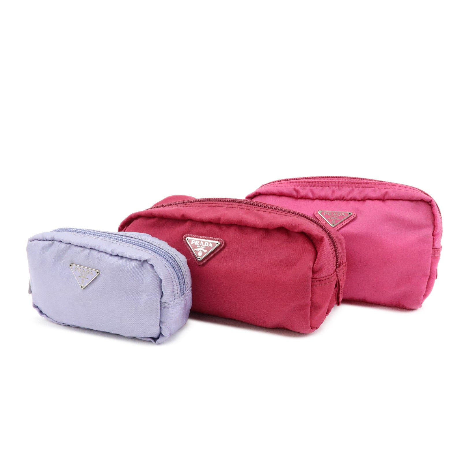 PRADA Triangle Logo Set of 3 Nylon Leather Pouch Pink Purple