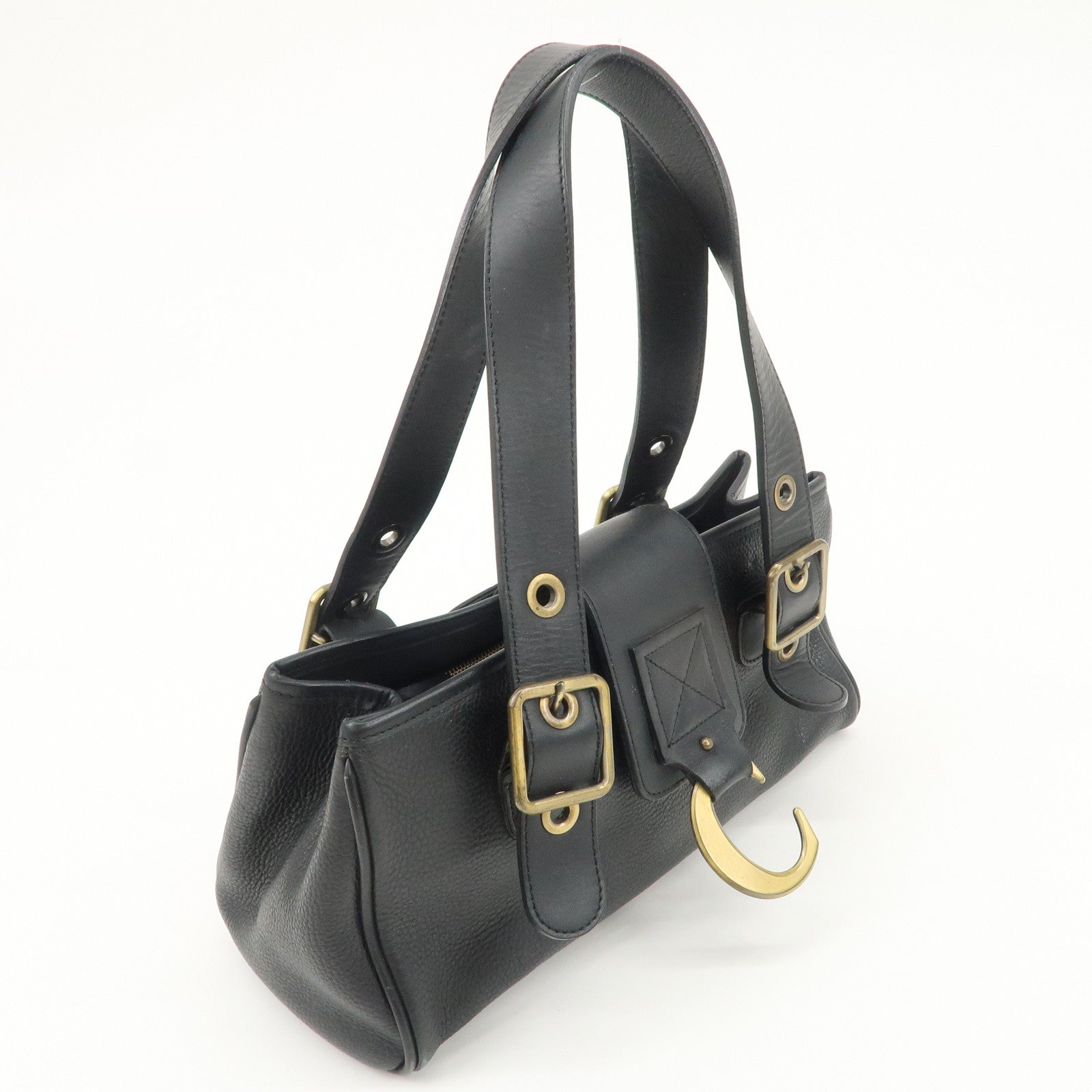 Chloe Logo Leather Shoulder Bag Hand Bag Black Gold Hardware Used