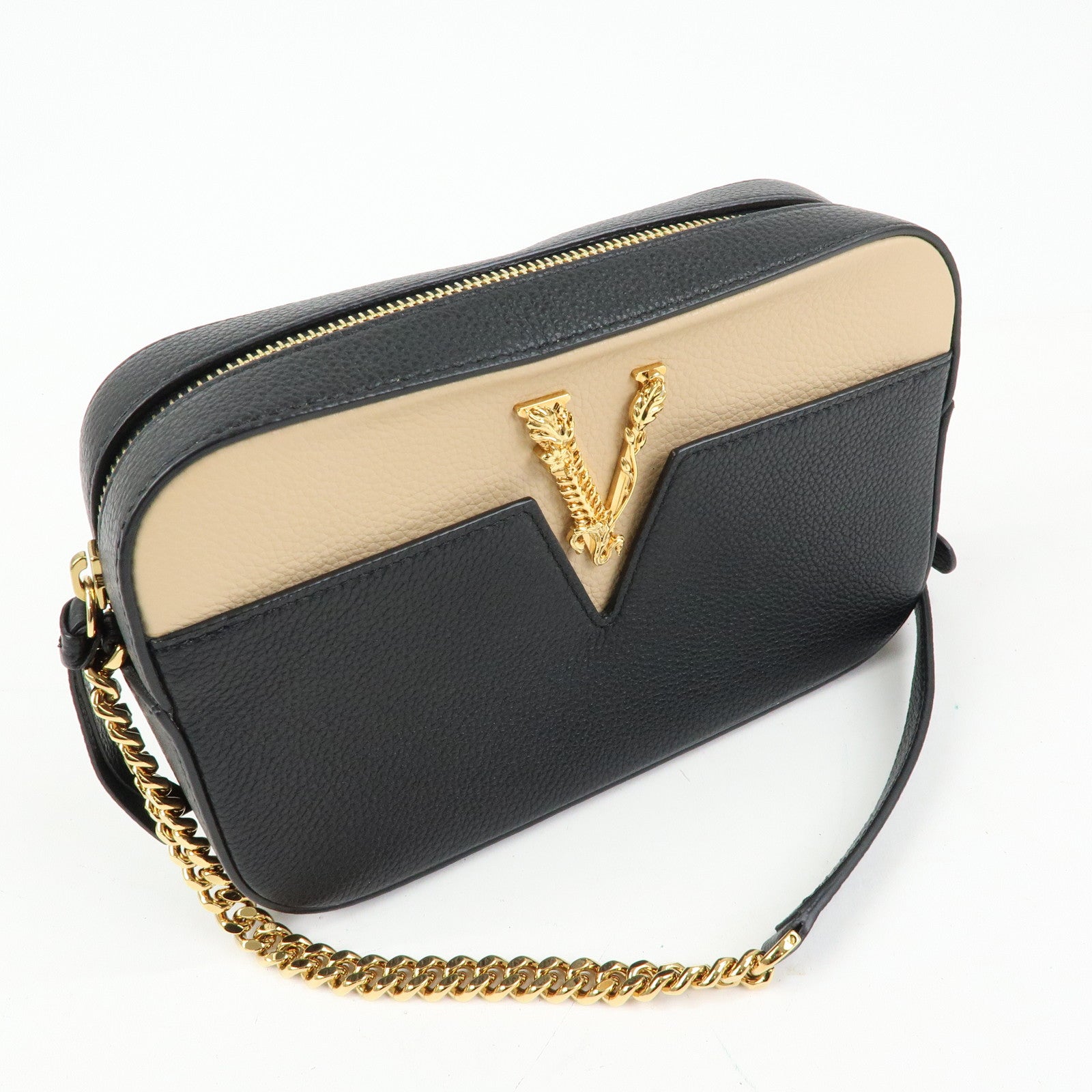 VERSACE Virtus Leather Shoulder Crossbody Bag Black Beige