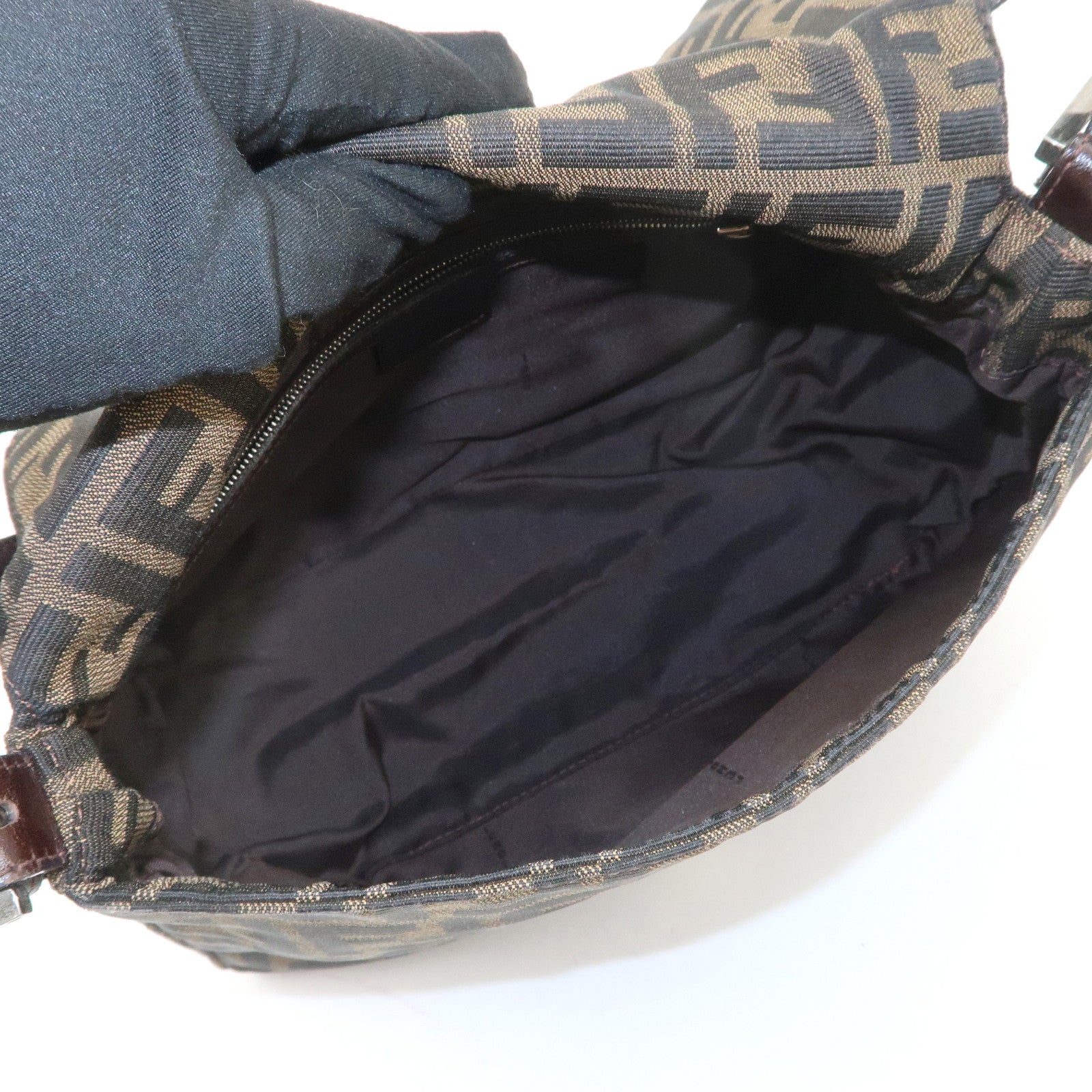 FENDI Mamma Baguette Zucca Canvas Leather Shoulder Bag Brown 26325