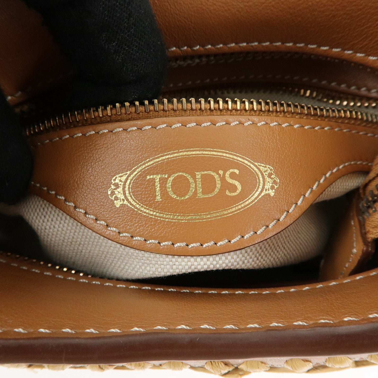 TOD'S Oboe Raffia Leather Shoulder Bag Crossbody Bag Beige Brown