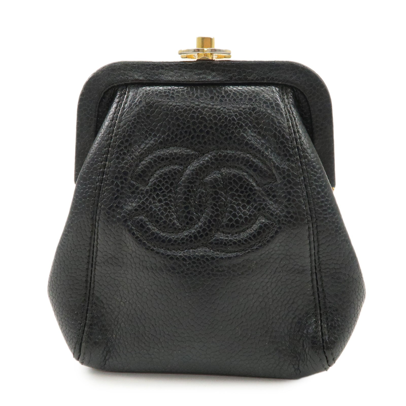 CHANEL COCO Mark Caviarskin Purse Wallet Pouch Black Used