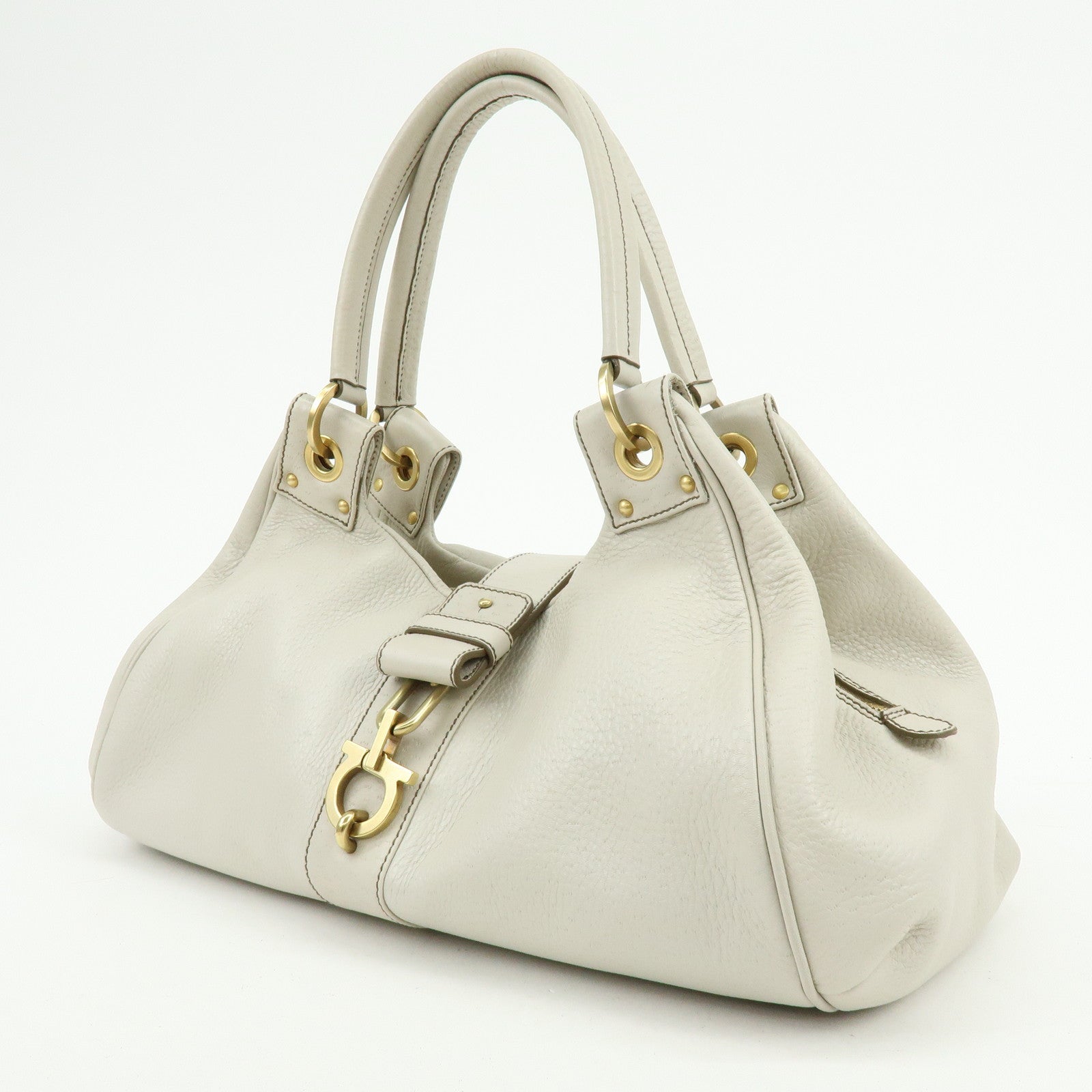 Ferragamo Gancini Leather Shoulder Bag Hand Bag Ivory