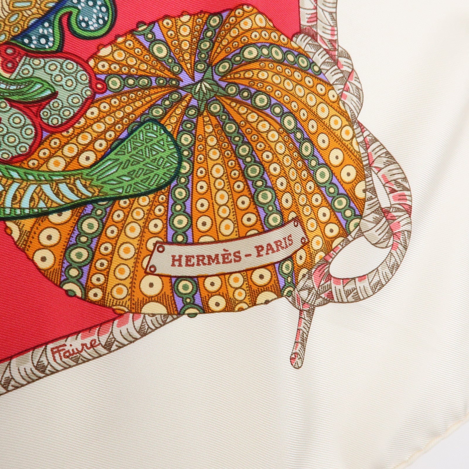 HERMES Carre 90 Silk 100% GRANDS FONDS Red White Multi Color