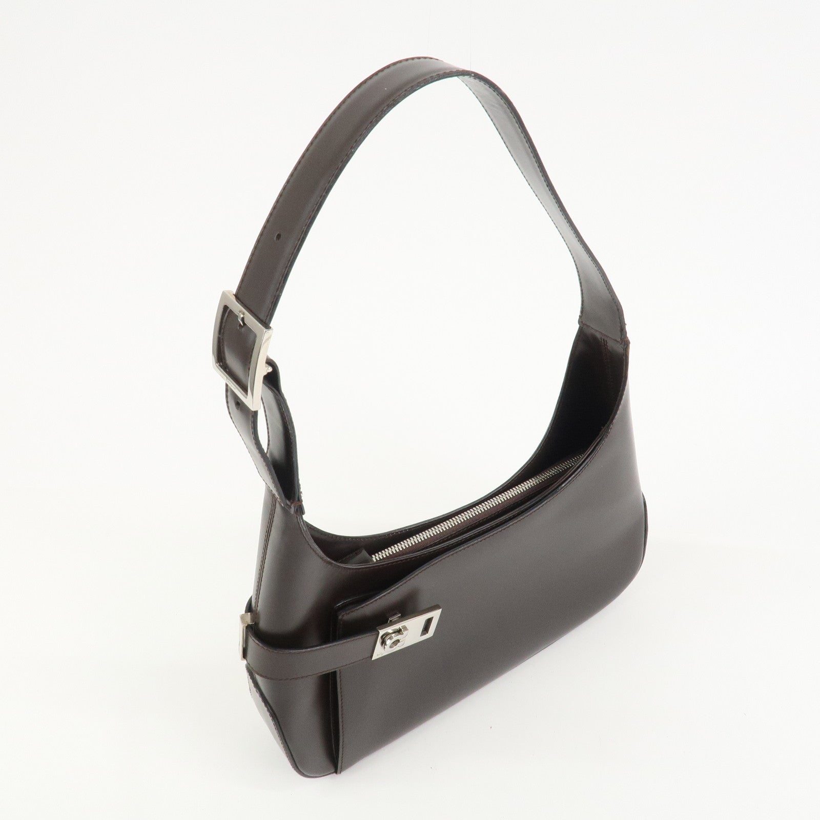 Ferragamo Gancini Leather Shoulder Bag Dark Brown AQ-21 0170