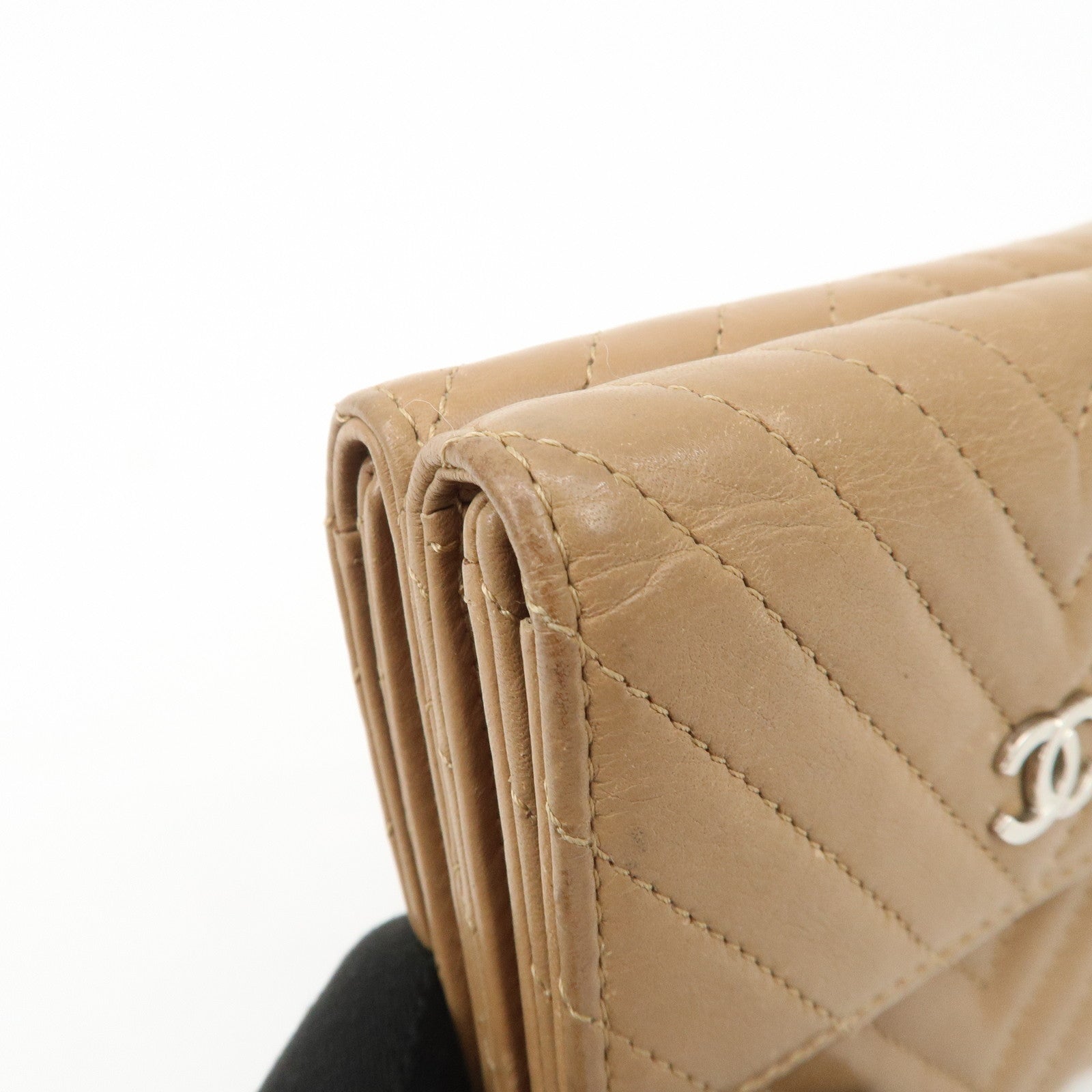 CHANEL Matelasse V Stitch Leather Tri-Fold Wallet Brown A34281