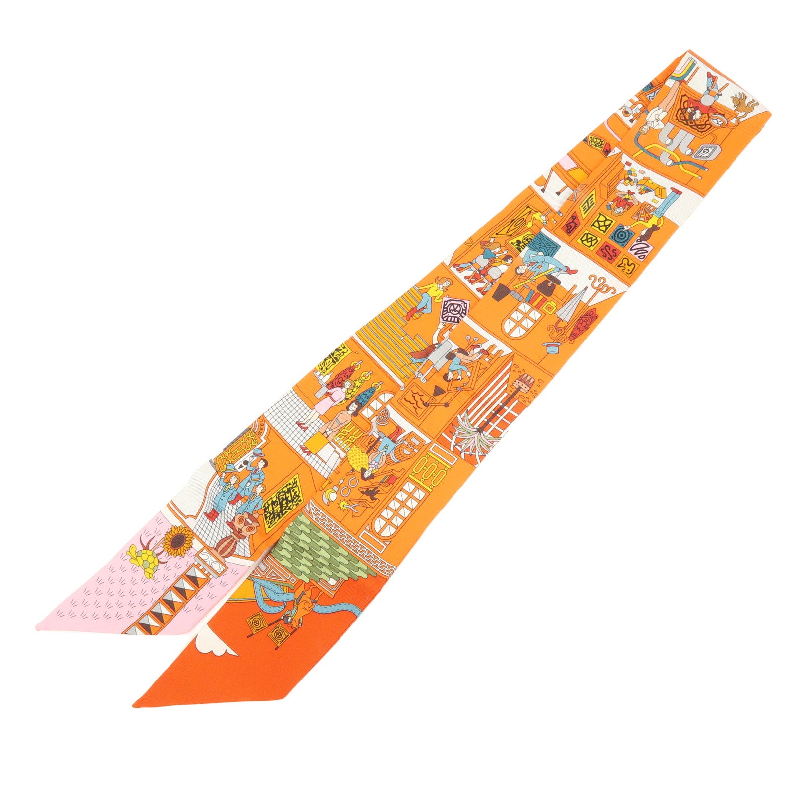 HERMES Twilly Silk 100% La Maison Des Carres Scarf Orange Pink
