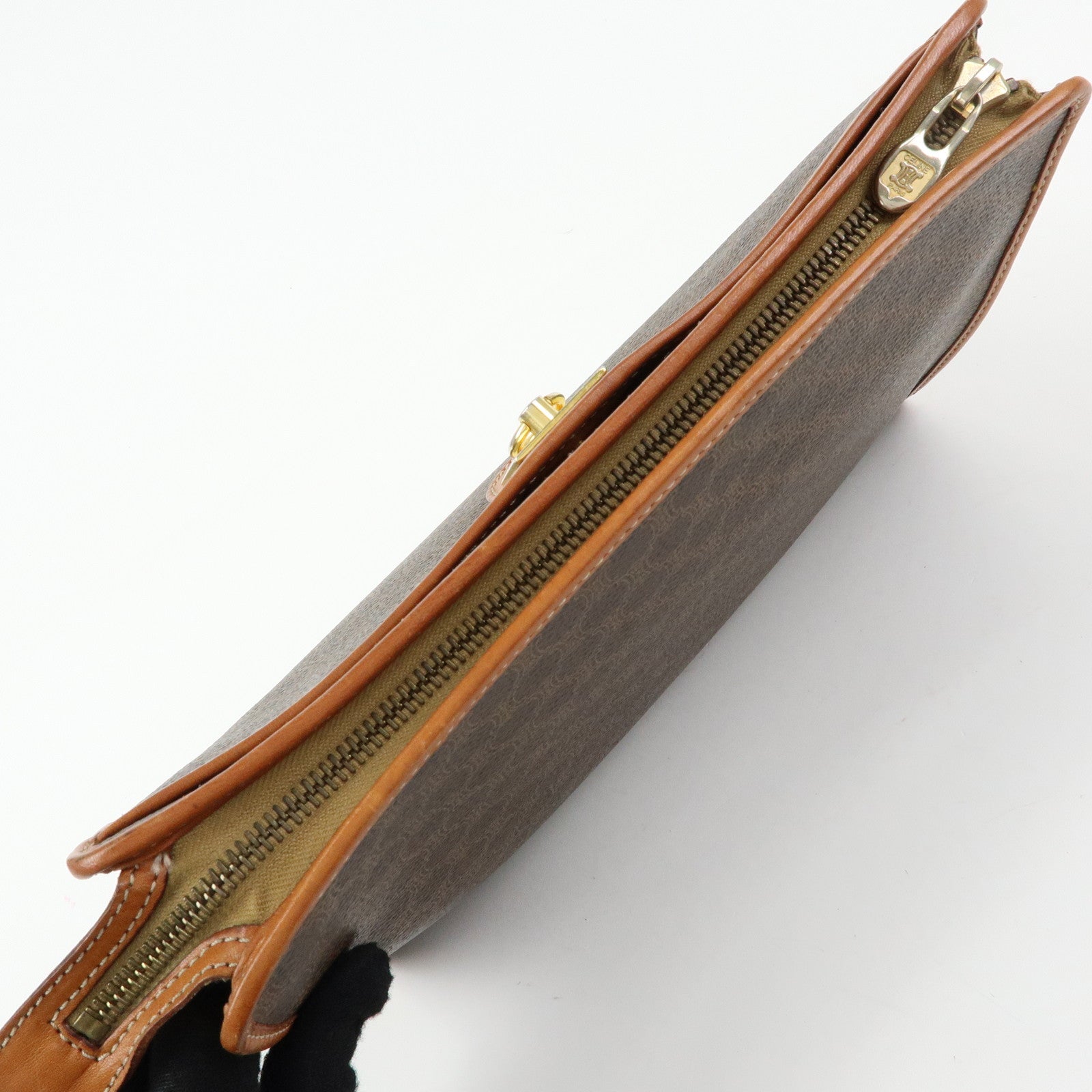 CELINE Macadam PVC Coated Canvas Leather Clutch Bag Pouch Brown