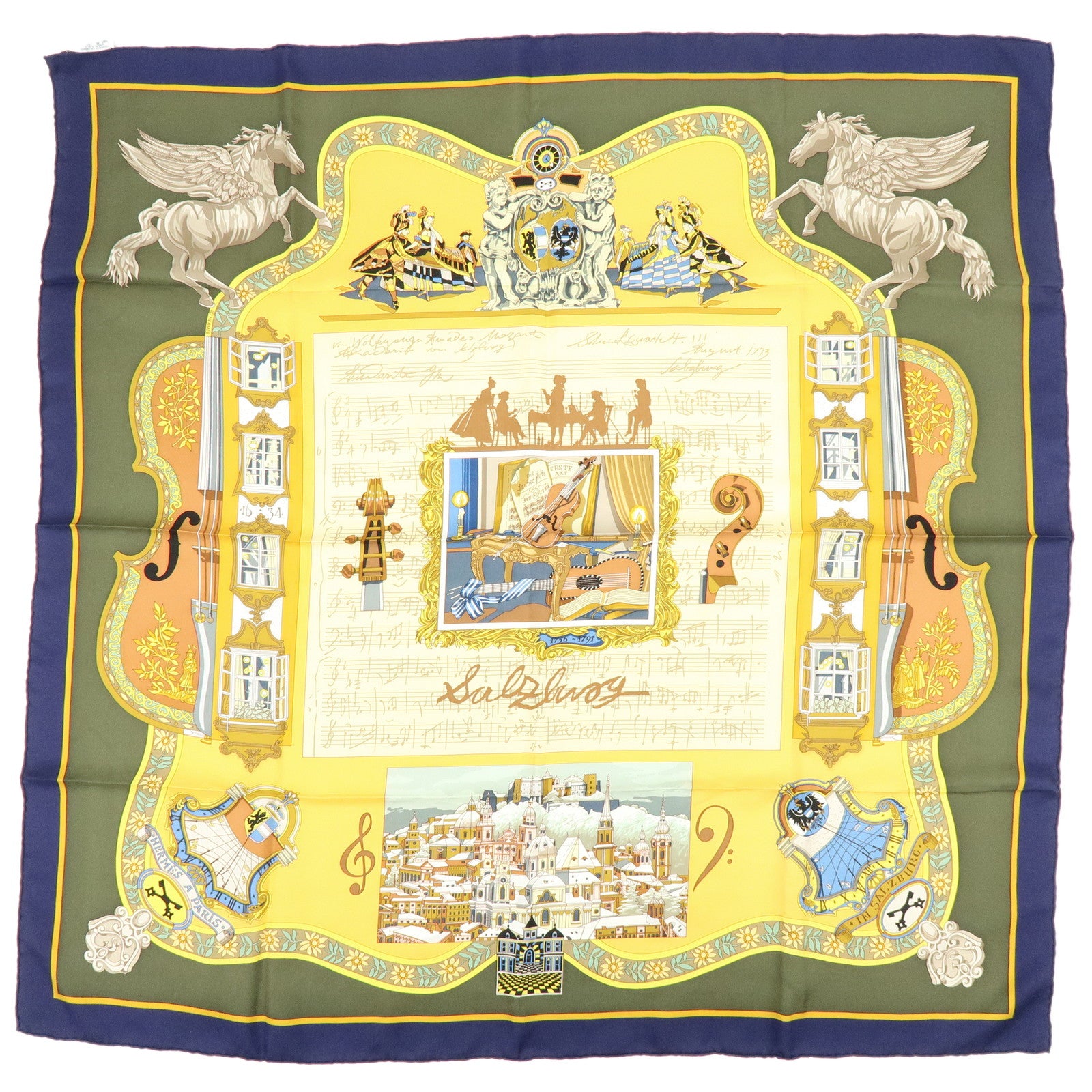 HERMES Carre 90 Silk 100% Scarf IN SALZBURG Beige Yellow Khaki