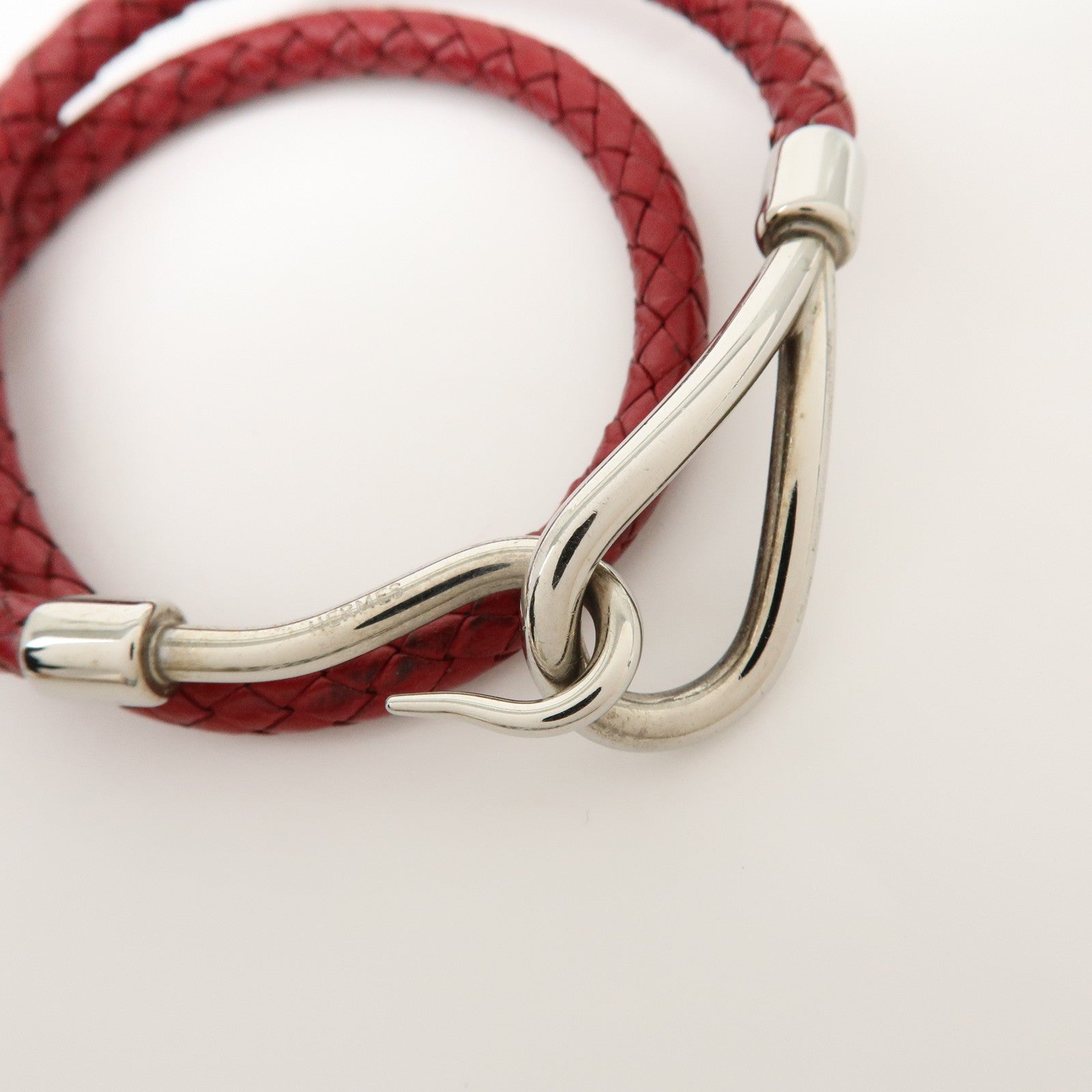HERMES Jumbo Choker Double Tour Leather Metal Bracelet Red Silver