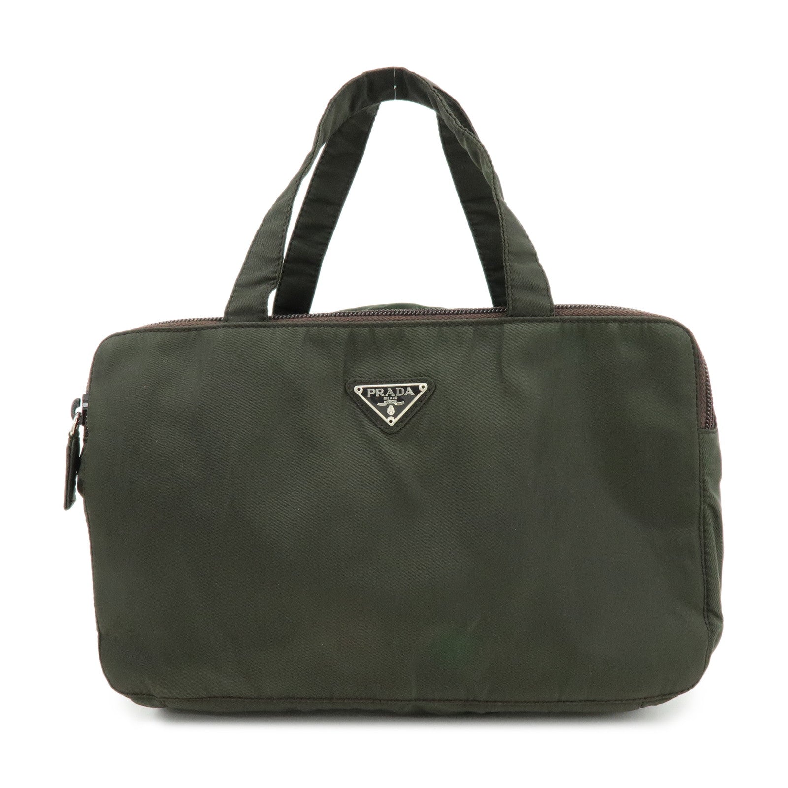 PRADA Triangle Logo Nylon Leather Hand Bag Cosmetic Case Khaki