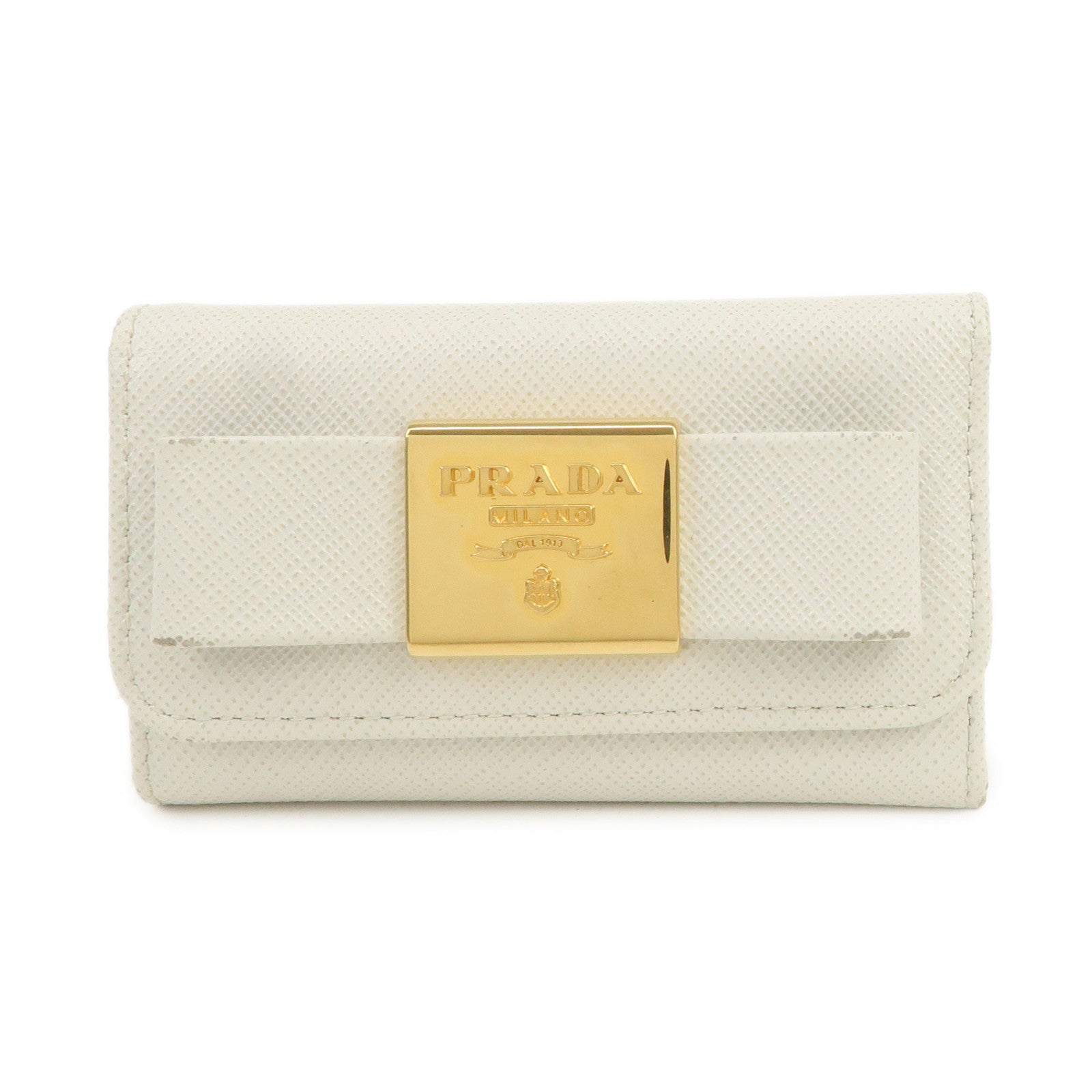 PRADA Ribbon Saffiano Leather Key Case Key Holder White