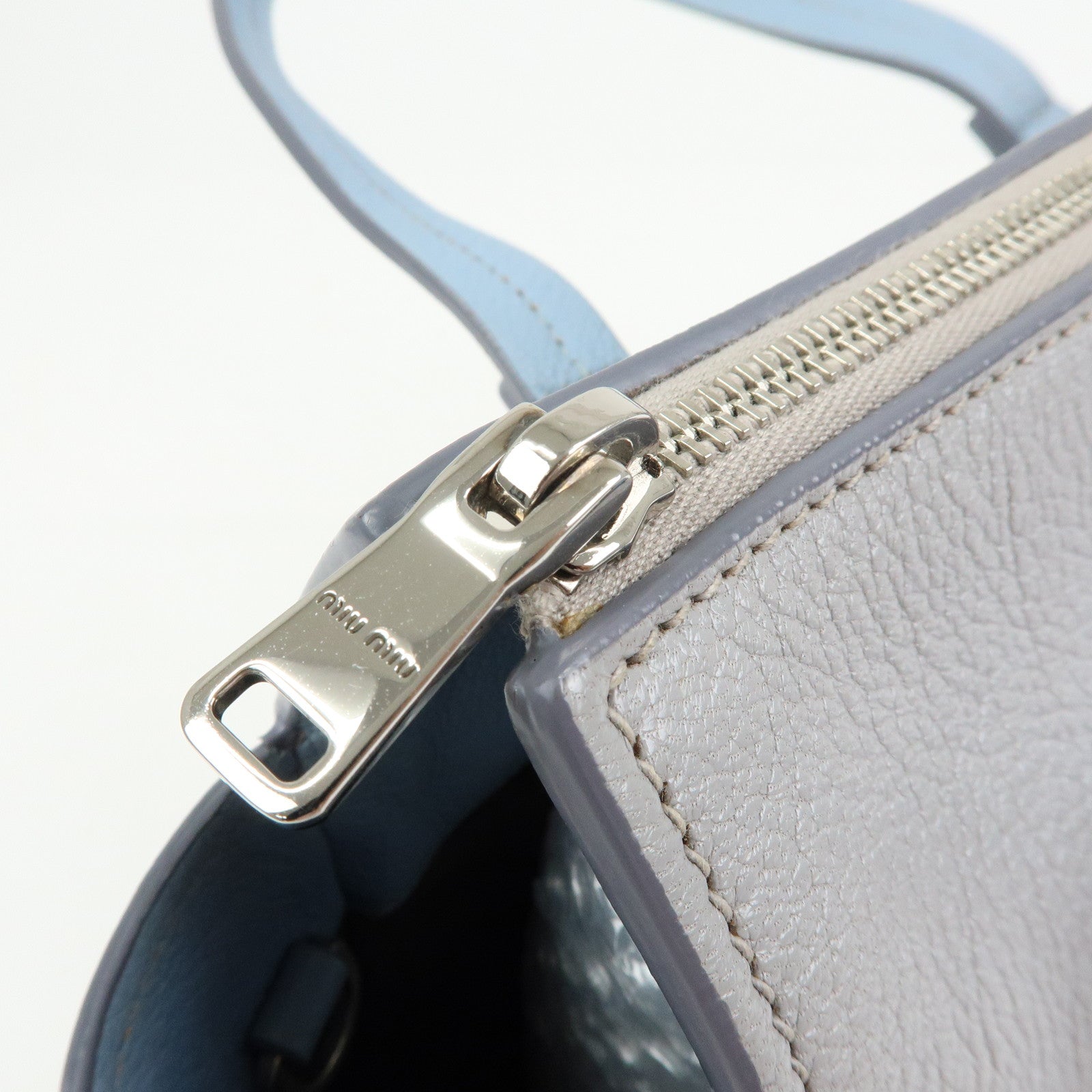 MIU MIU Madras Leather 2Way Bag Hand Bag Gray Light Blue 5BB006