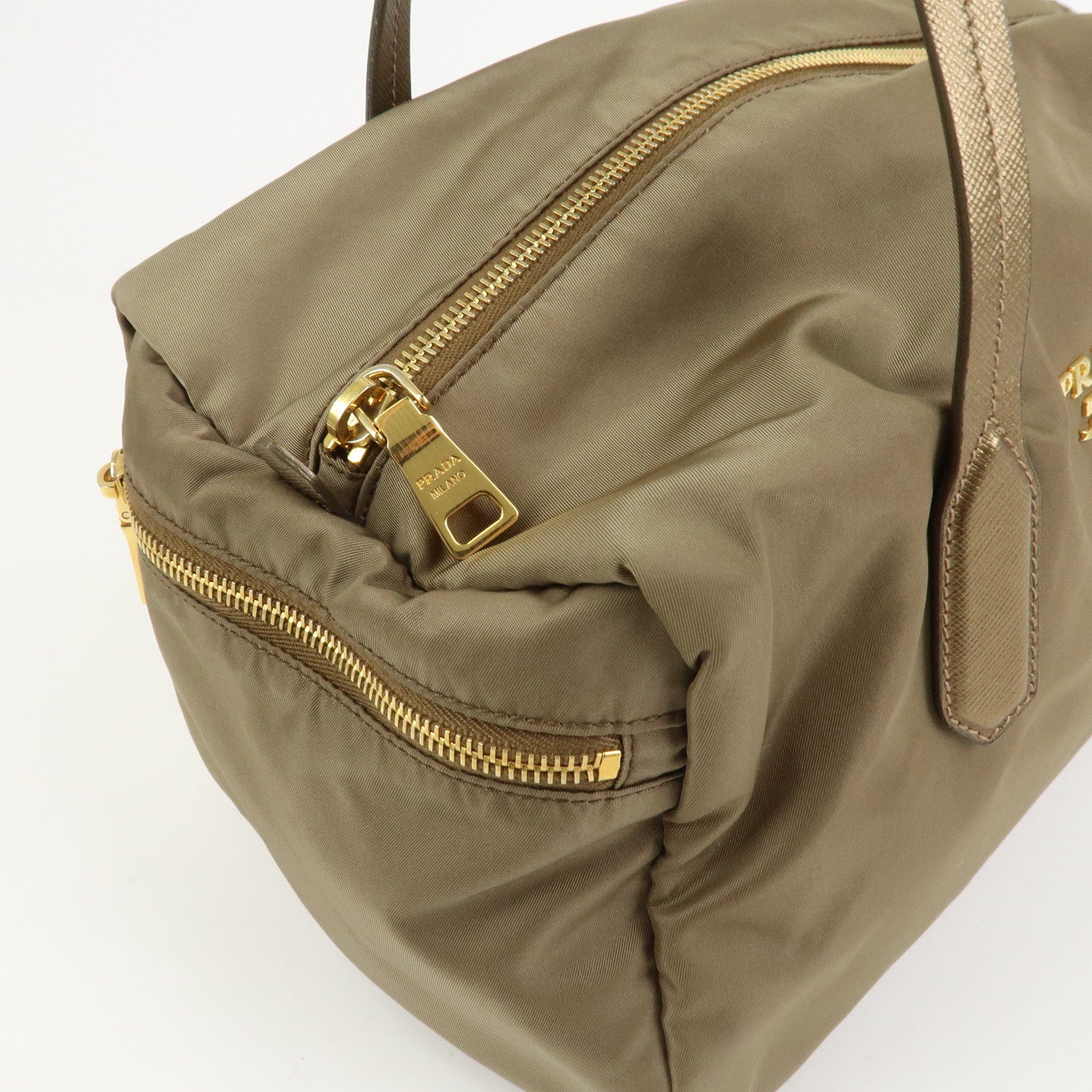 PRADA Logo Nylon Saffiano Leather Shoulder Bag Hand Bag Khaki