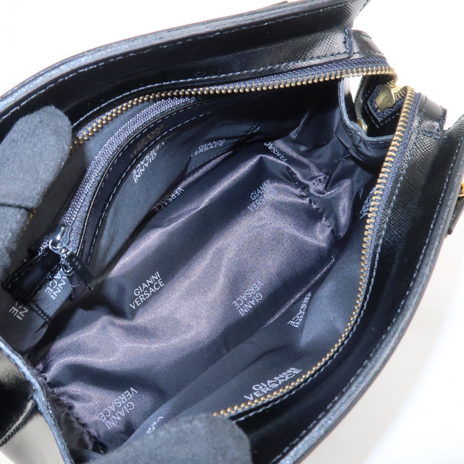 VERSACE Leather 2Way Hand Bag Shoulder Bag Black Gold