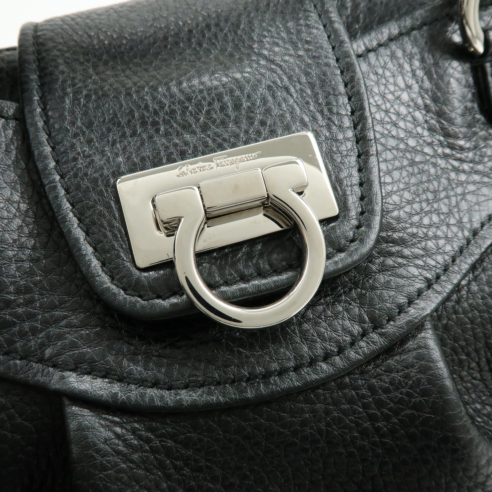 Ferragamo Gancini Leather 2Way Bag Hand Bag Shoulder Bag Black