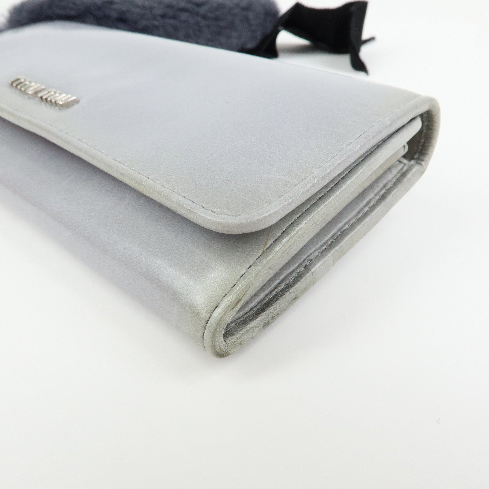 MIU MIU Vitello Shine Fur Flap Long Wallet Gray 5MH109