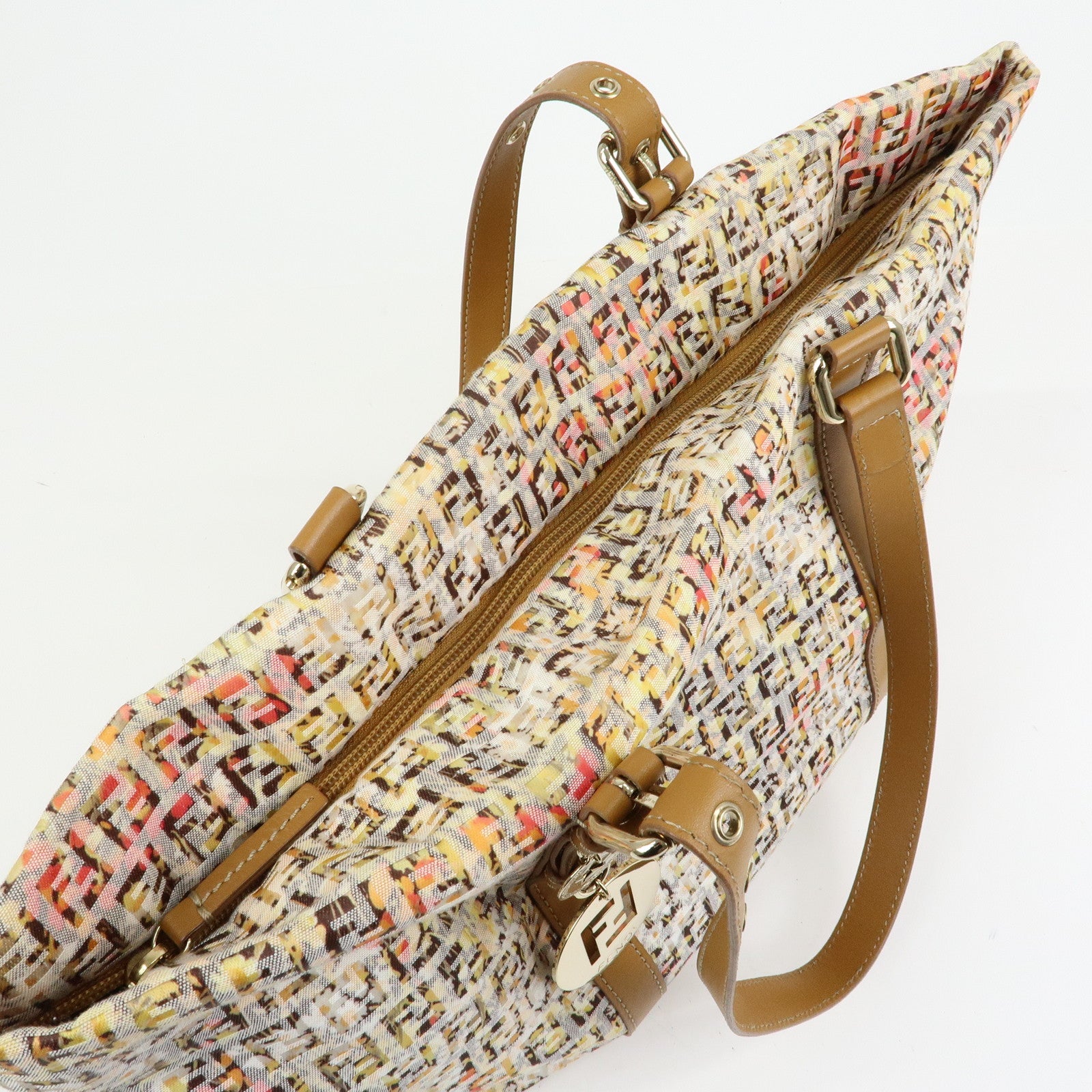 FENDI Zucchino Canvas Leather Flower Print Tote Bag Hand Bag 8BH215