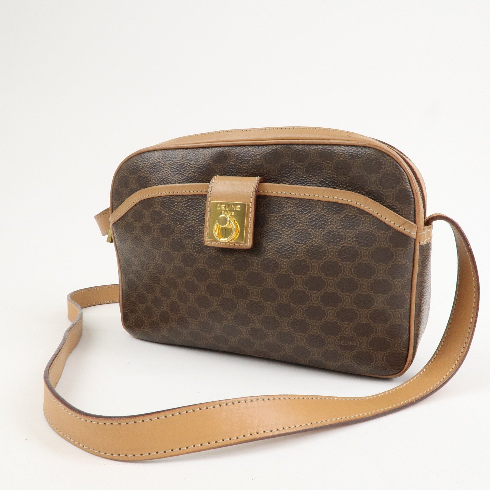 CELINE Macadam Leather Shoulder Bag Beige Brown Gold Hardware