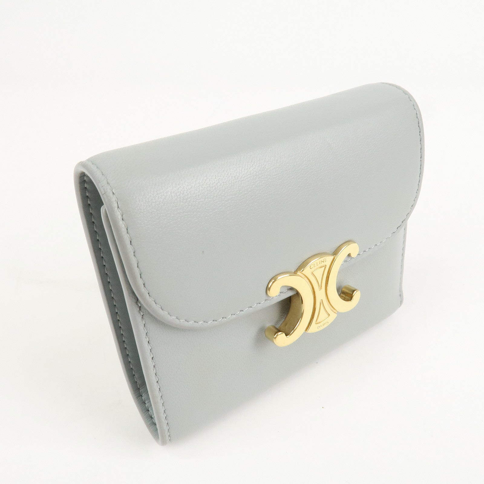 CELINE Triomphe Leather Tri-fold Falap Wallet Light Blue